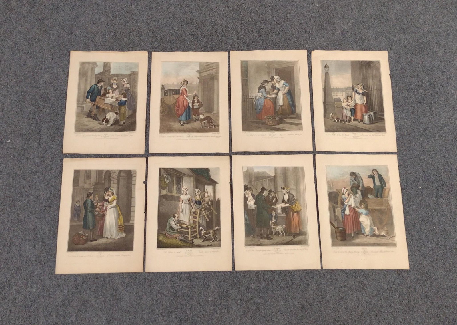 8 Cries of London Colored Prints: Includes 'Hot Spice Gingerbread Smoking Hot'; 'Old Chairs to Mend'; and more. Prints measure 13" x 18".