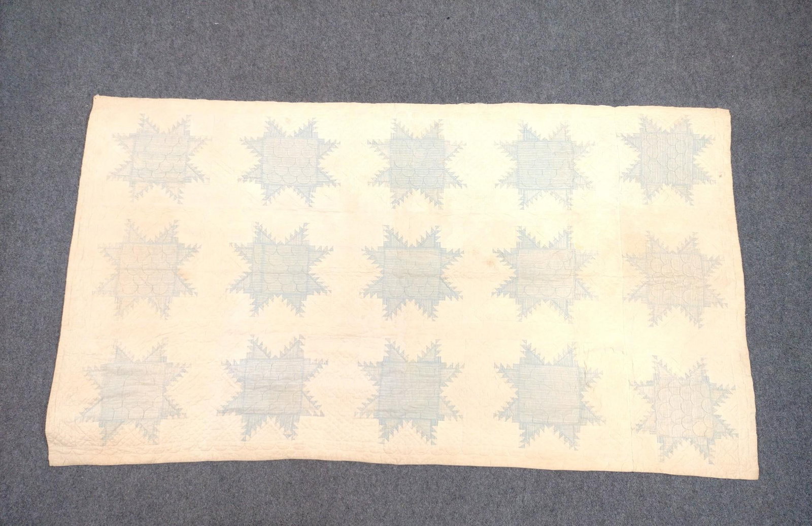 Blue and White Feathered Star Quilt: Mid 19th century. 8'2" long X 4'7" wide. 
