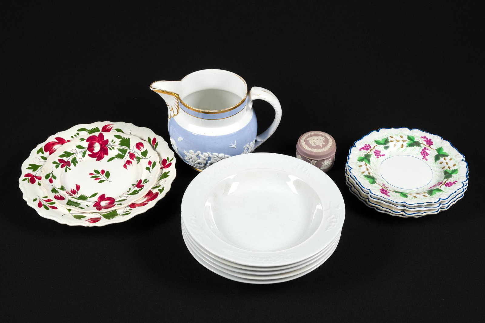 Porcelain Incl. Wedgwood: Largest piece measures 10-1/2" in diameter, and smallest piece measures 2-3/4" x 2-3/4" x 2". 