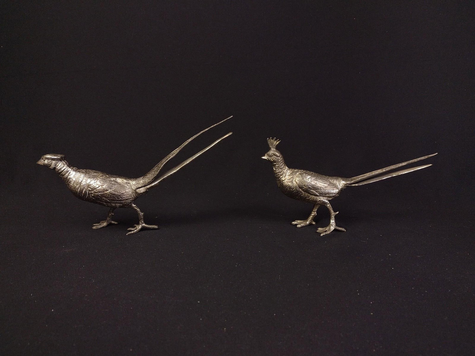 Pair of Mid-Century Metal Pheasants: Both statues measure 9-1/2" x 1-1/2" x 6".