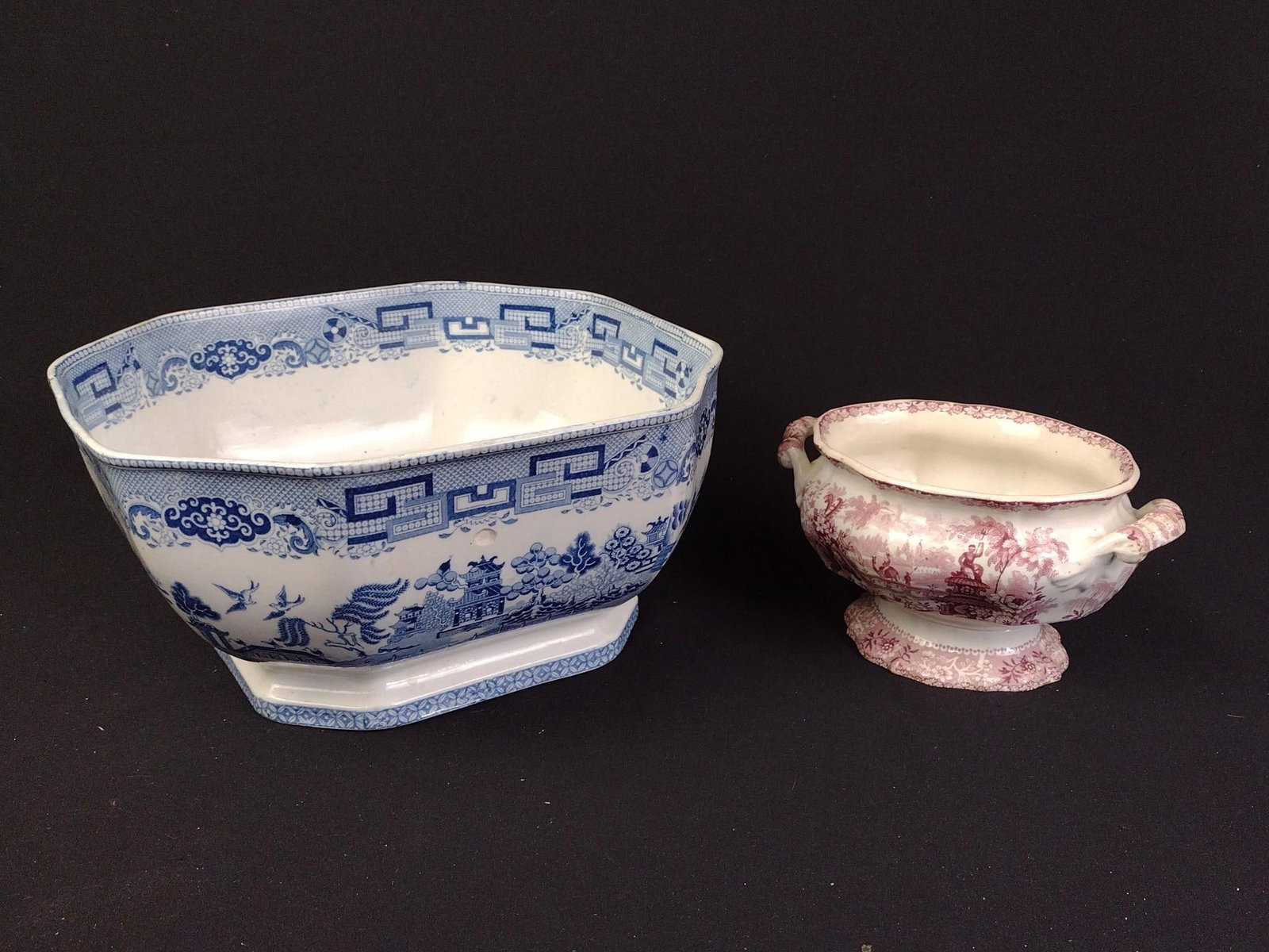 2 Davenport Pottery Transferware: Hexagonal serving bowl measures 10-3/4" x 10-1/2" x 5-1/4" and pink footed tureen measures 8" x 5" x 4". 