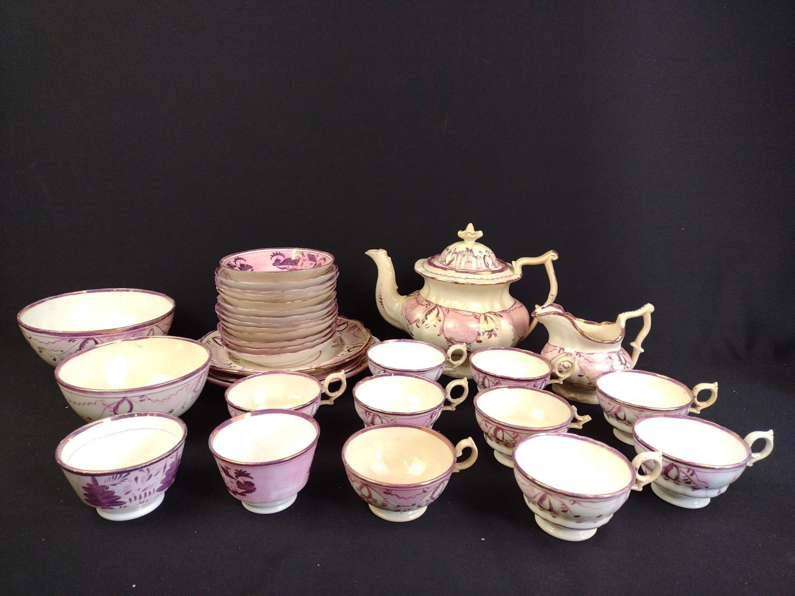 Antique Lustreware Tea Service: Largest plate measures 9-1/2" x 9-1/4". Some losses and repairs. 