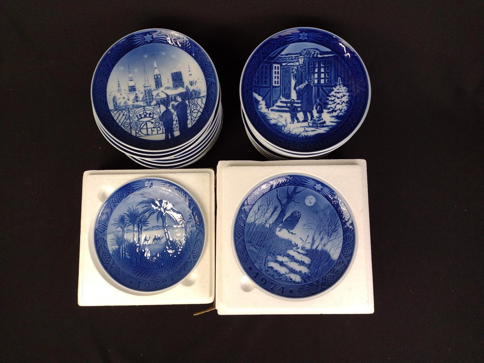25 Royal Copenhagen Christmas Plates: Each plate measures 7" in diameter. Produced in Denmark.