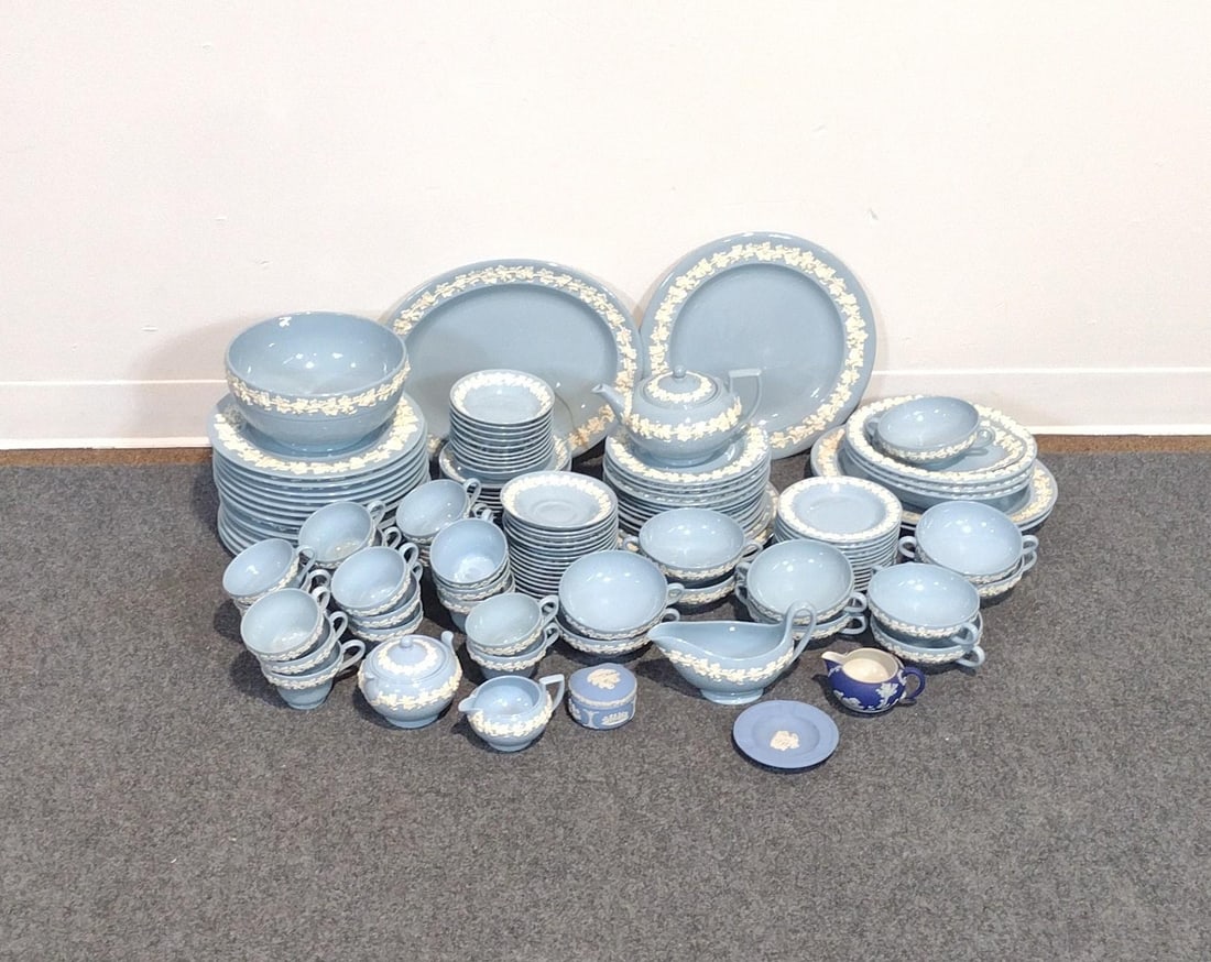 Blue & Cream Wedgwood Tea Service Set: Dinner plates measure 10-3/4" in diameter. Largest platter has a large crack in it that has an attempted repair to it and measures 14-1/2" x 12". 
