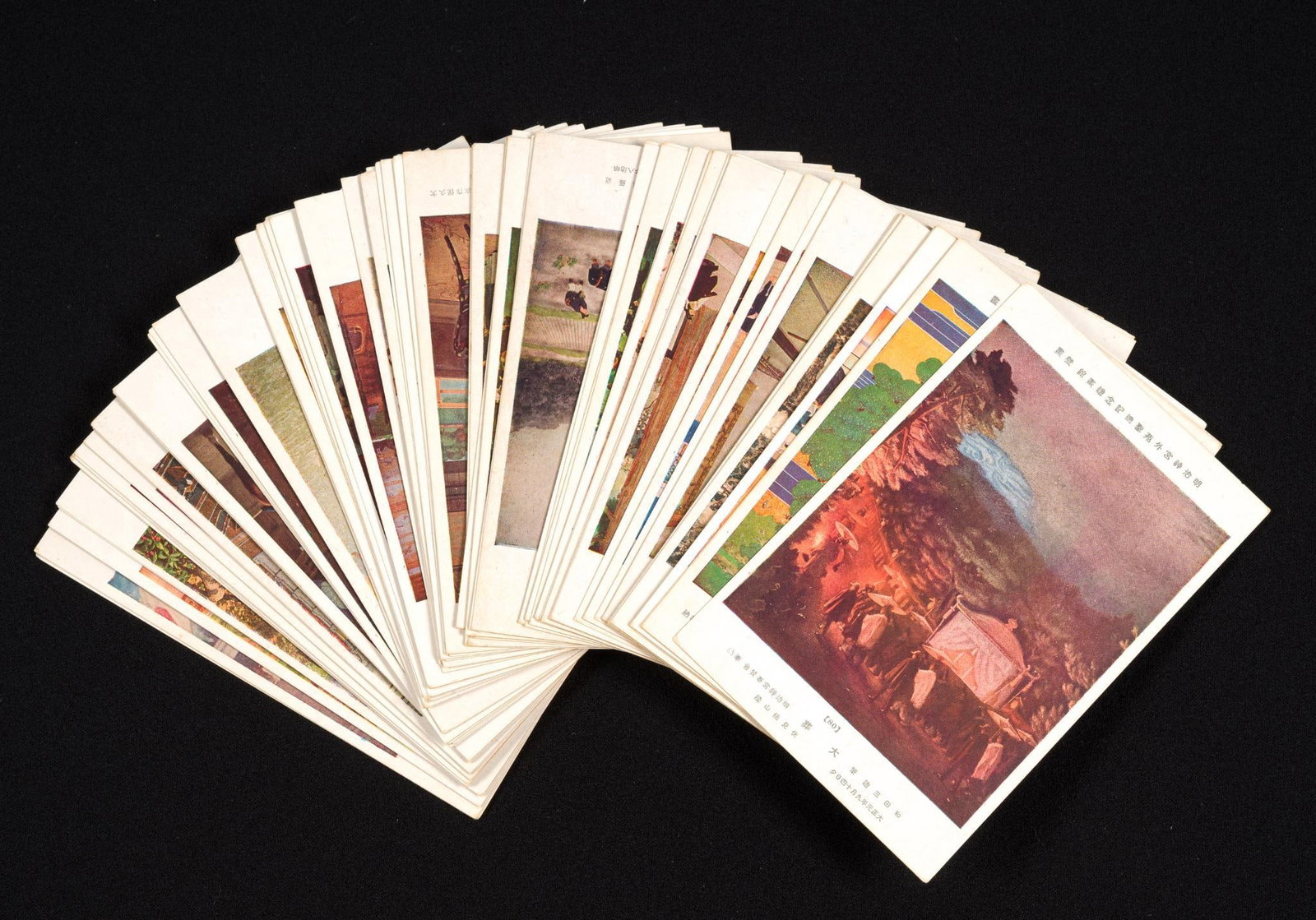 80 Vintage Japanese Postcards: Numbered 1-80, full set with all postcards present. Comes with list of paintings featured on the postcards, showcasing murals at the Meiji Memorial Picture Gallery in Tokyo, Japan. All in good shape,