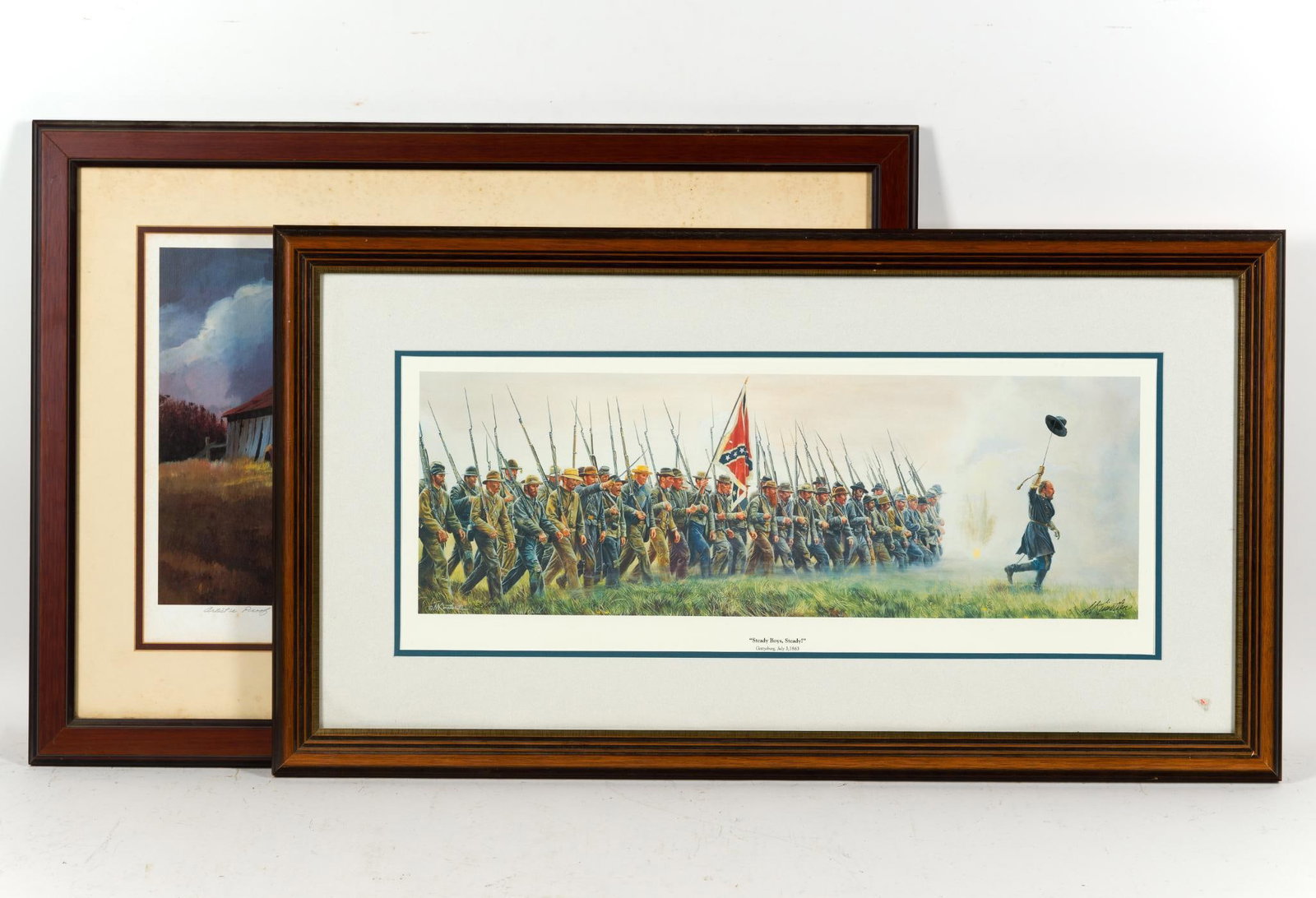 Mort Kunstler and Dale Klee Signed Prints: A signed and numbered print, 28/1000, Mort Kunstler, 8 1/2" X 24 3/4" image size, 19" X 35" framed size, "Steady Boys, Steady", Gettysburg July 3, 1863. A signed and numbered print 14/50 artist's