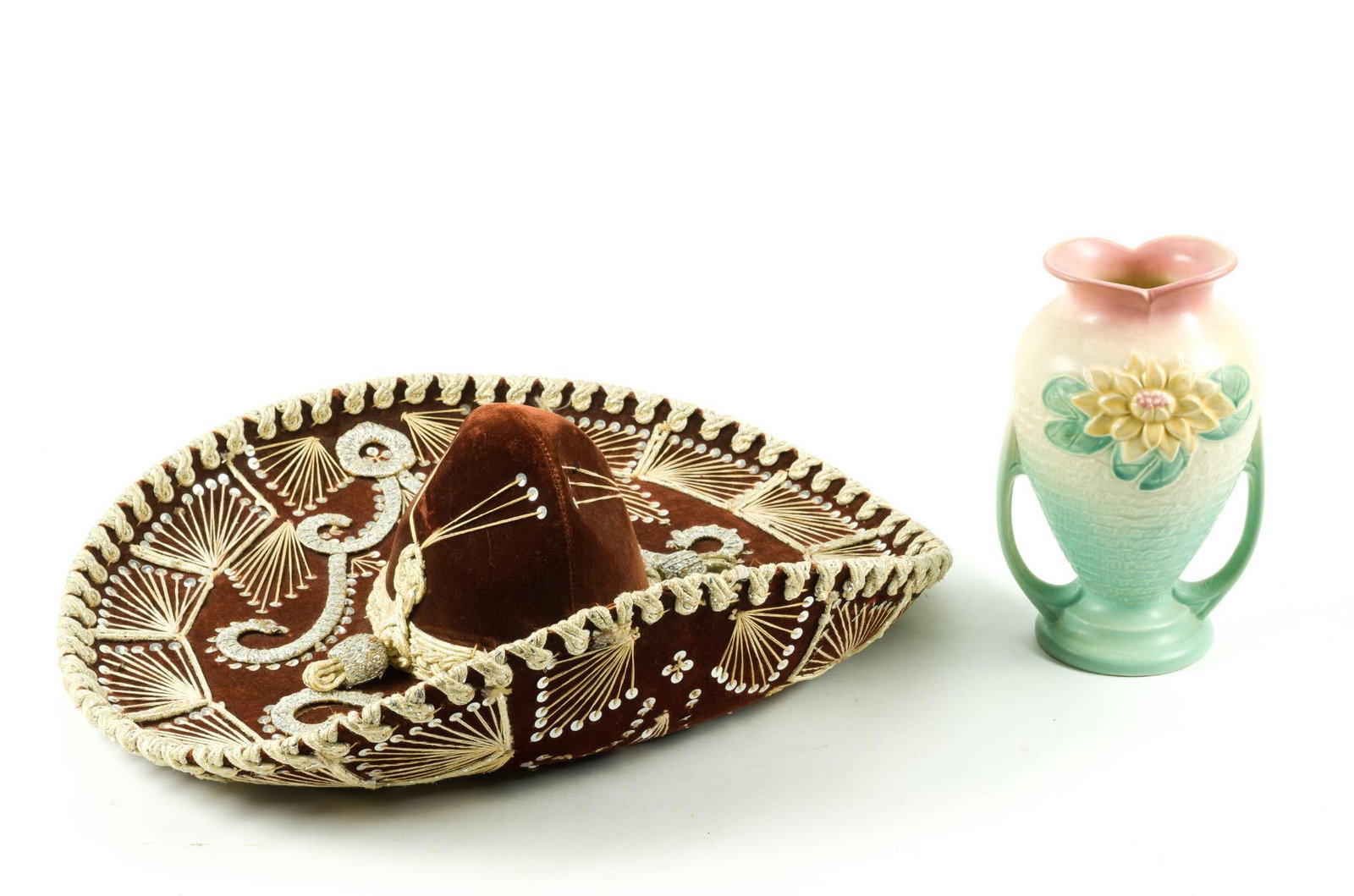 Pigalle Sombrero & Hull Art Pottery Vase: Sombrero measures 24" x 24" x 7" and vase measures 6-1/2" x 6-1/2" x 10-1/2".