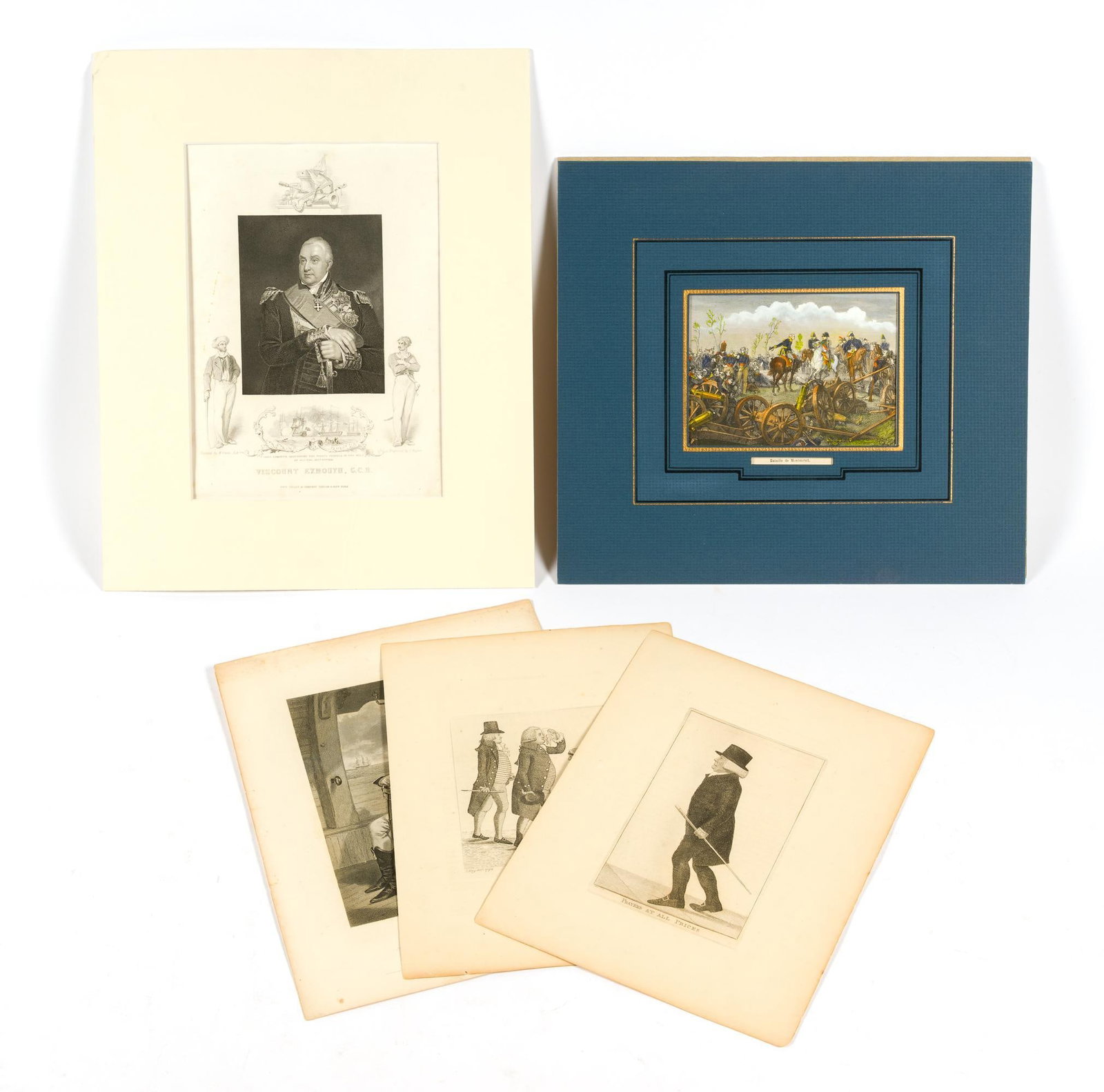 5 Unframed Antique Engravings: Includes original portrait of Viscount Exmouth G.C.B, Dataille de Montmirall, James Lawrence, and 2 engravings with pencil markings on the back illegible. All in good condtion, consistent with age. Sm