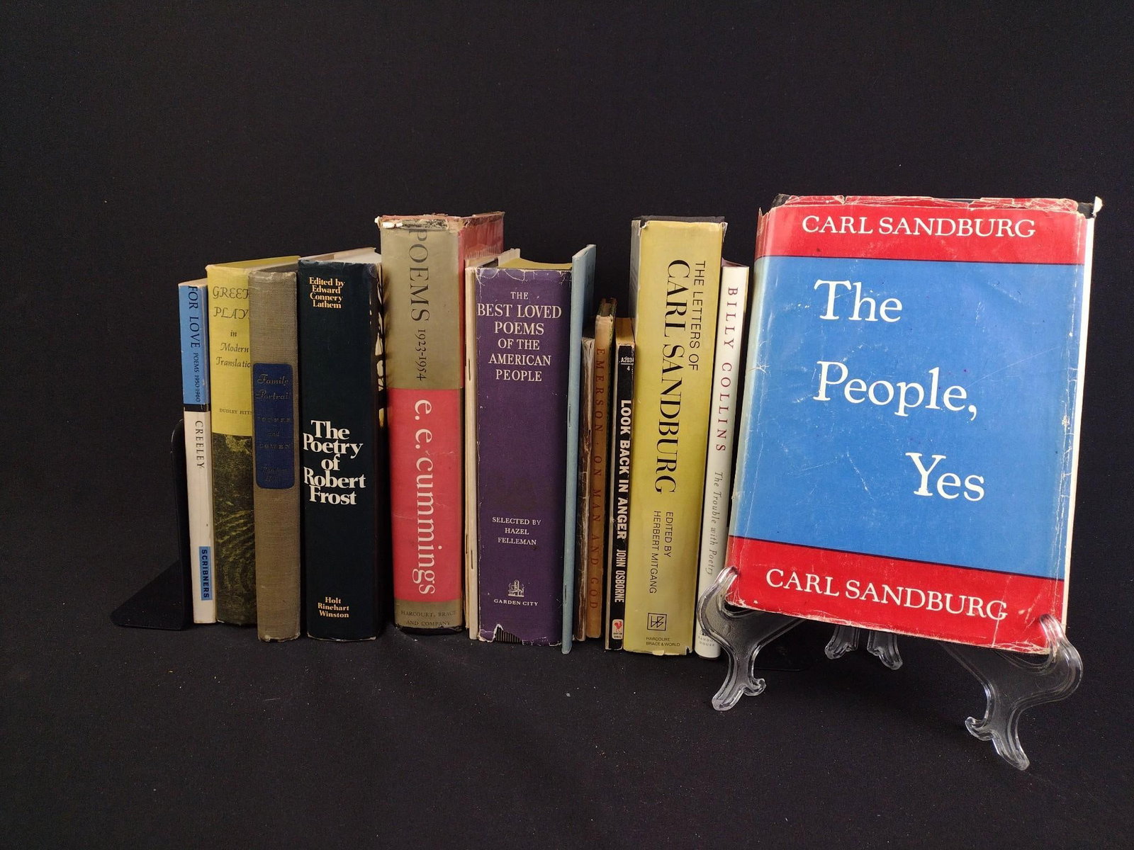 14 Poetry & Theatre Books Incl. Carl Sandburg & Ayn Rand: Includes a first edition "The People, Yes" by Carl Sandburg, first complete edition of "Poems 1923-1954" by e.e. cummings, a first edition copy of "The Letters of Carl Sandburg" compiled by Herbert Mi