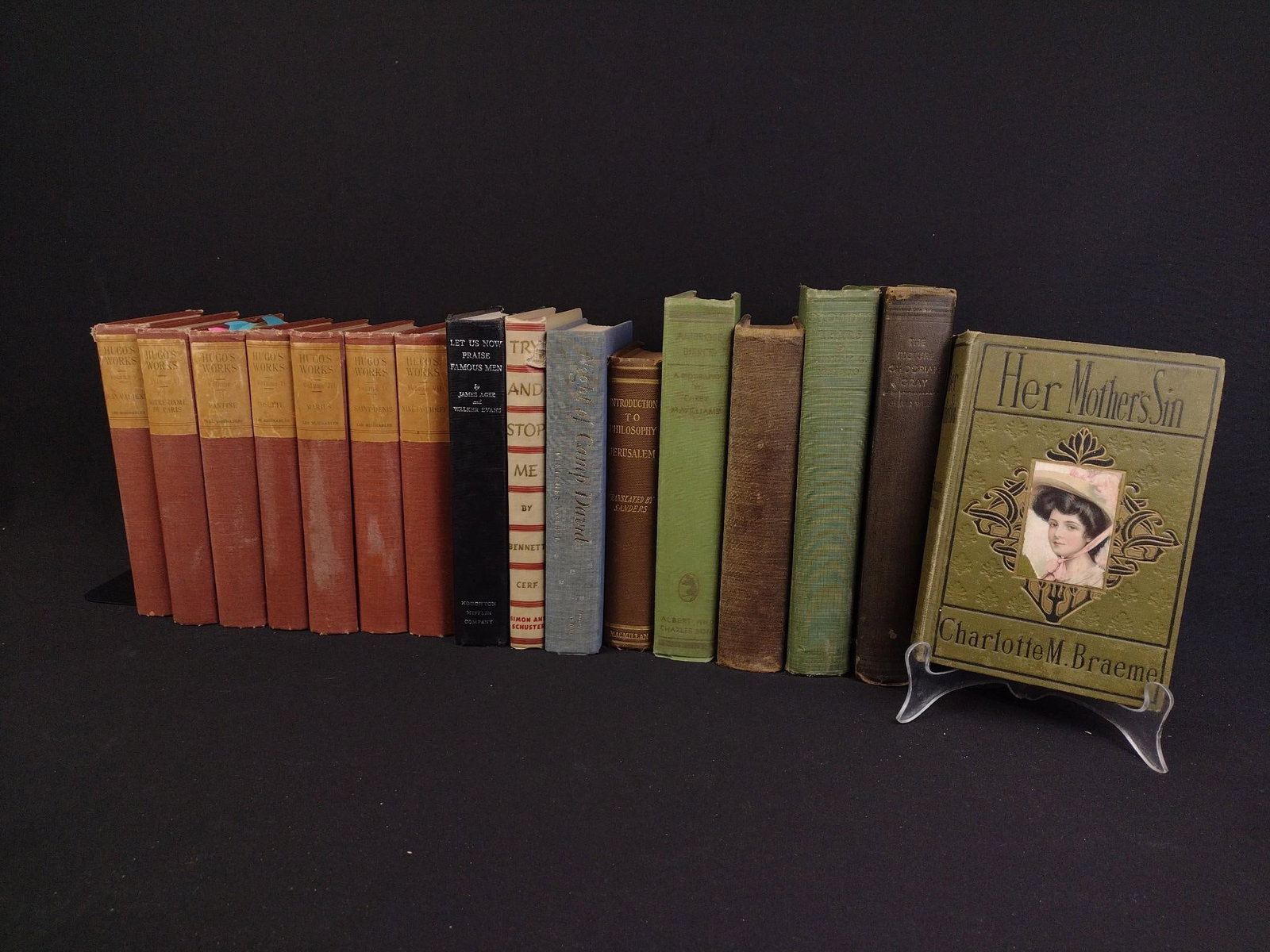 Vintage & Antique Books Incl. Hugo's Works: Includes a partial set of "Hugo's Works" published in 1905, "Ambrose Bierce" by Carey McWilliams Published in 1929, "Her Mothers Sin" by Charlotte M. Braeme published by Hurst & Co., "Night of Camp Da
