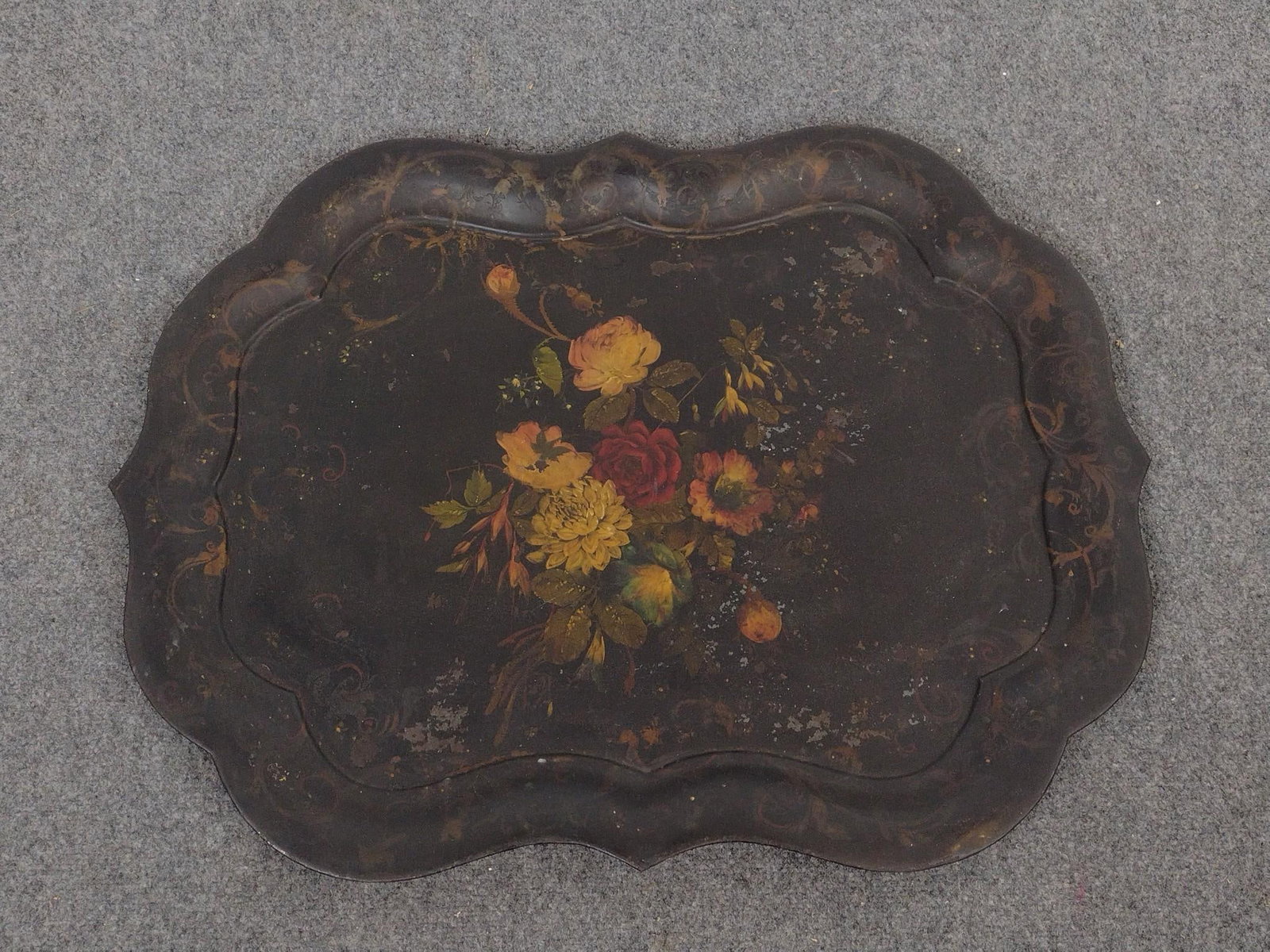 Victorian Hand Painted Tole Tray: Measures 31-1/4" x 23-1/2".