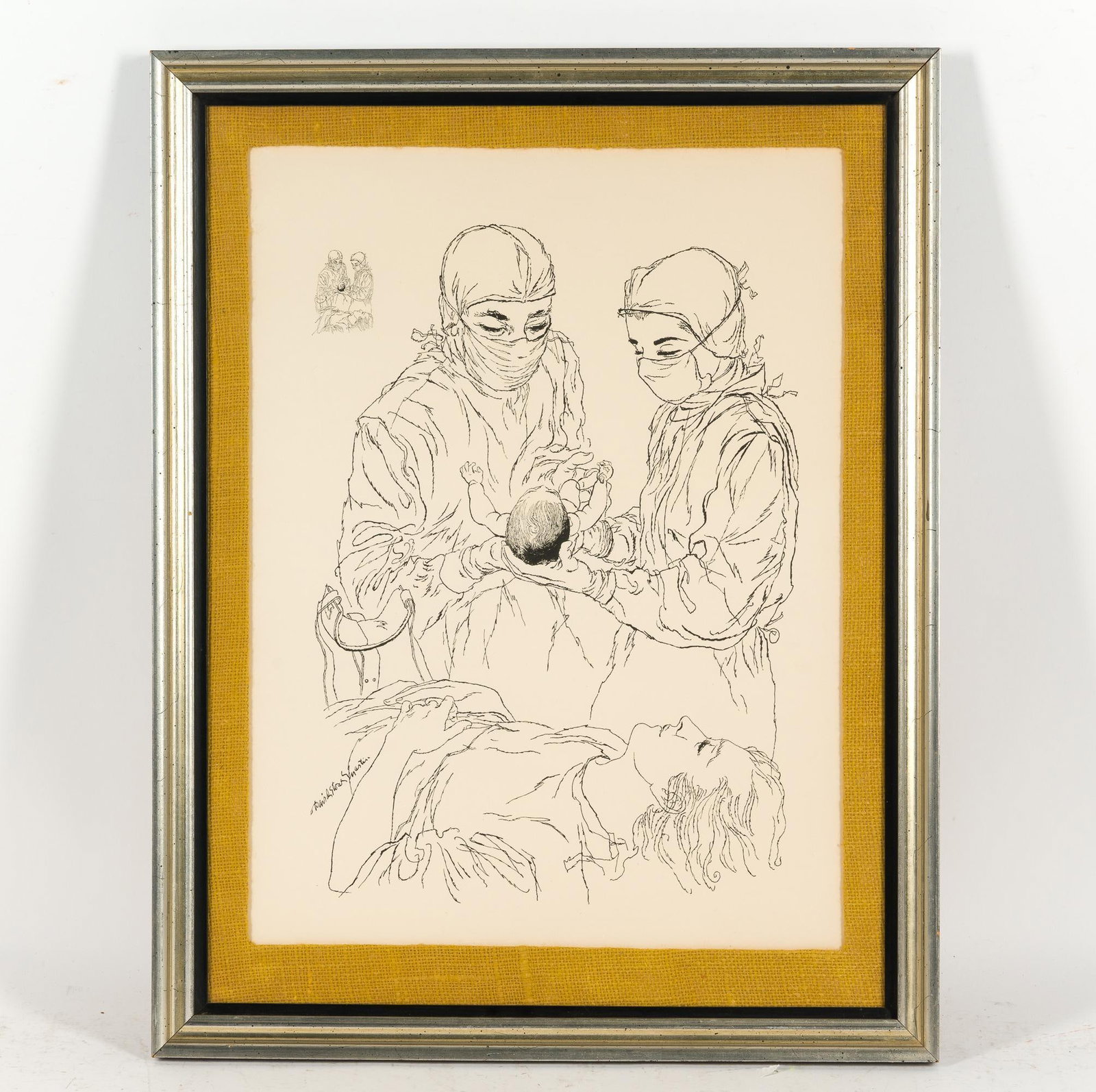 Framed Print of Ink Drawing: A print depicting a hospital birth. The framed size is 24" X 18 3/4".