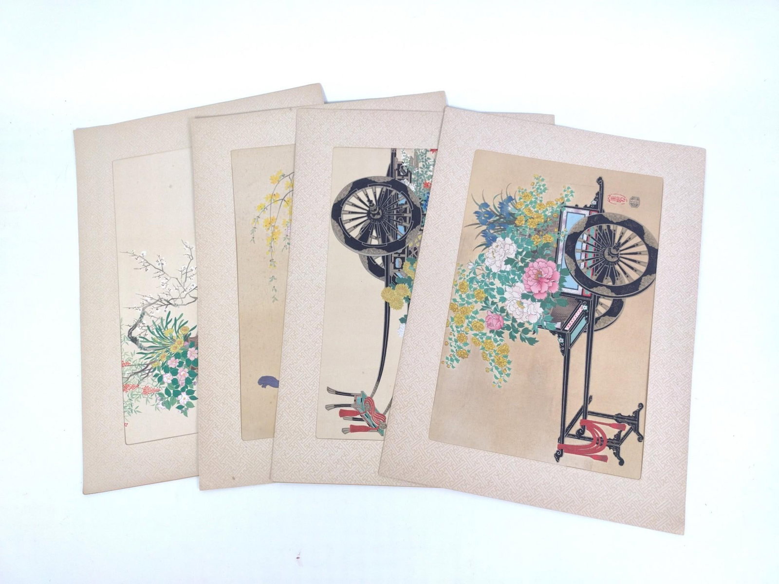 Kin-U Takeshita Japanese Woodblock Prints: Four flower cart prints from the 1950"s in excellent condition with light signs of aging. Each is 10" X 15".