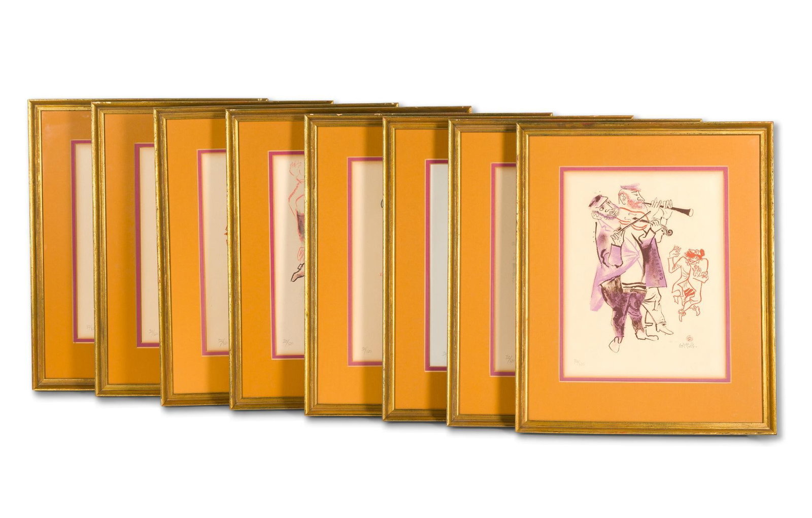 8 William Gropper Shtetl Lithographs: A set of eight color lithographs in matching frames from the Shtetl series, William Gropper 1897 - 1977. They are hallmarked and pencil signed and numbered. Most have yellowing at the edges but are ot