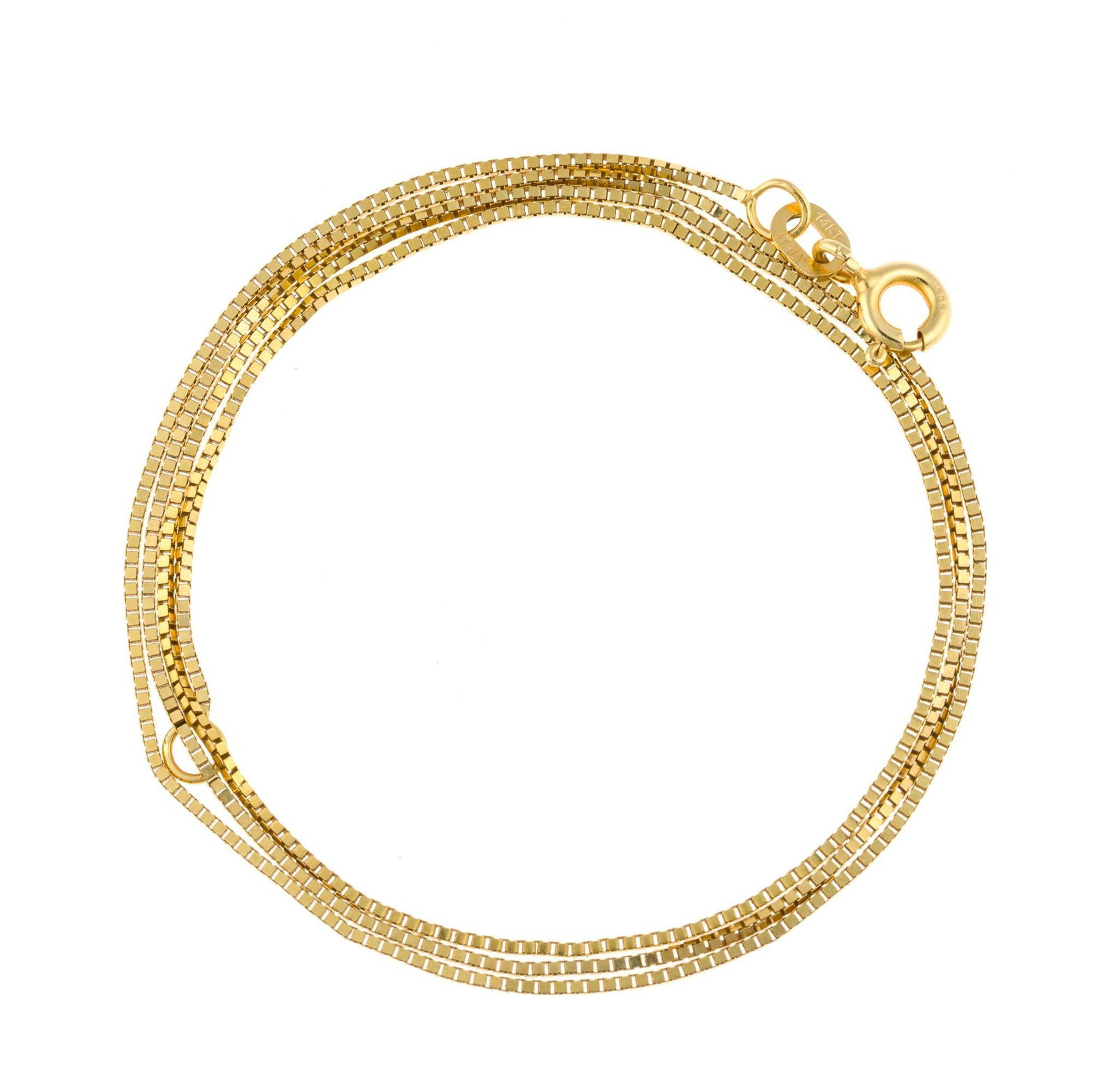 14K Gold Chain Necklace: A vintage 18" box chain necklace marked 14K Italy. It has no signs of wear or damage. The weight is 2.1 grams.