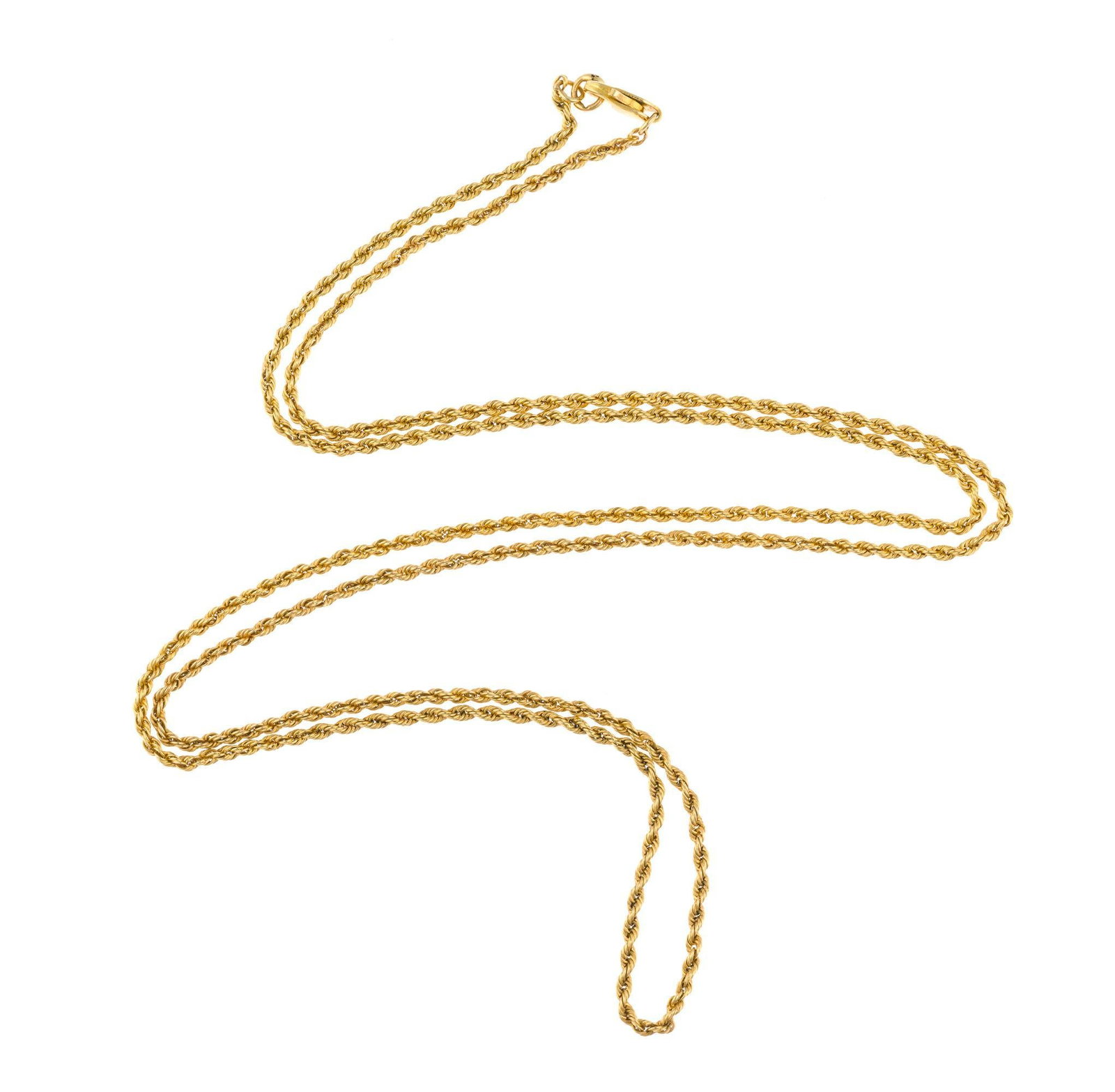 14K Gold Chain Necklace: A vintage 24" French rope chain necklace marked 585 (14k gold). It has no signs of wear or damage. The weight is 5.3 grams.