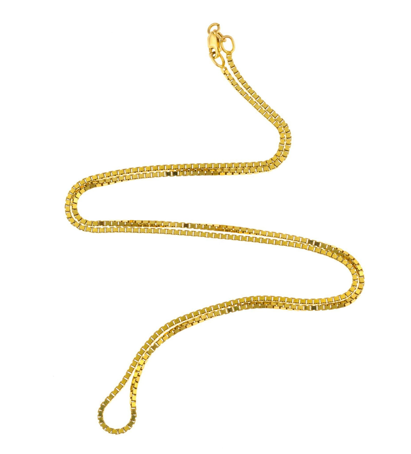 14K Gold Chain Necklace: A vintage 20" Box chain necklace marked 585 and 14k Italy. It has no signs of wear or damage. The weight is 6.7 grams.