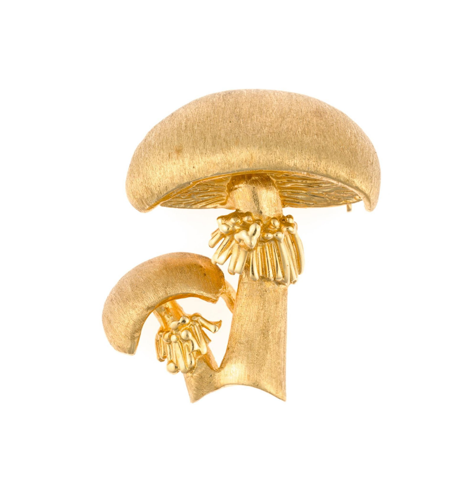 14K Gold Mushroom Brooch: A vintage yellow gold brooch measuring 1 1/4" height. It tests 14k gold, no marking was found. It may also be used as a pendant for a chain necklace. The weight is 9.6 grams.