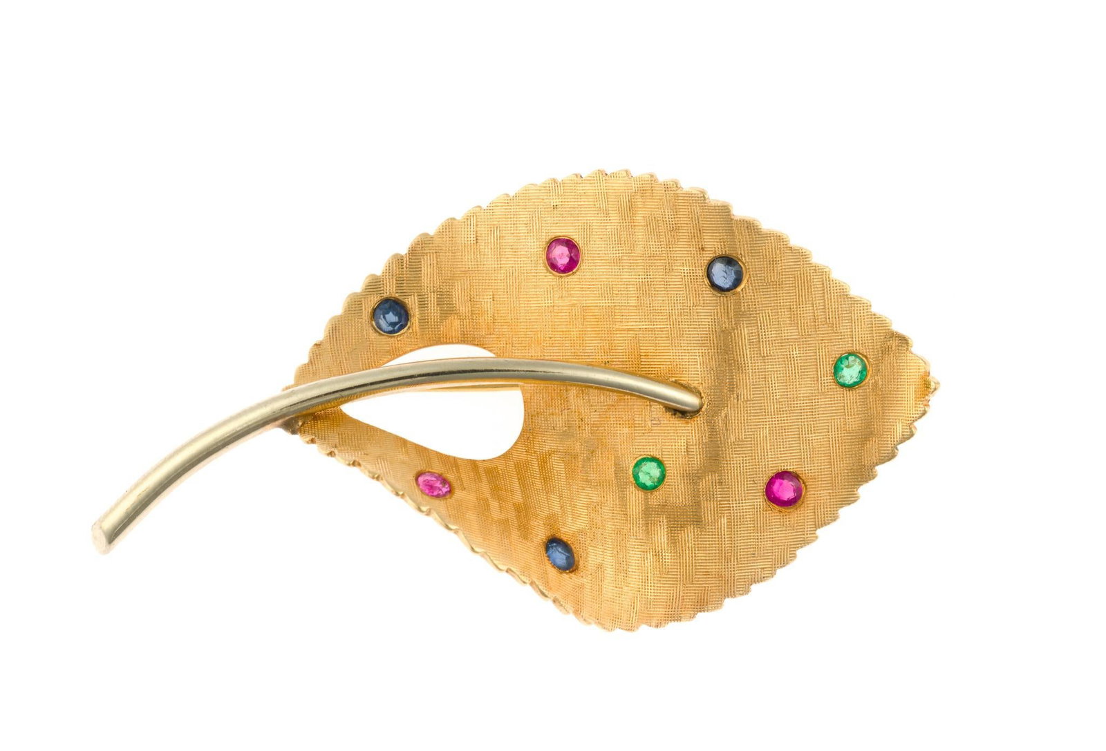 14K Gold and Gemstone Leaf Brooch: A vintage yellow gold leaf brooch, with small gemstone enhancements, measuring 1 7/8" length and marked 14k. The weight is 6.8 grams.