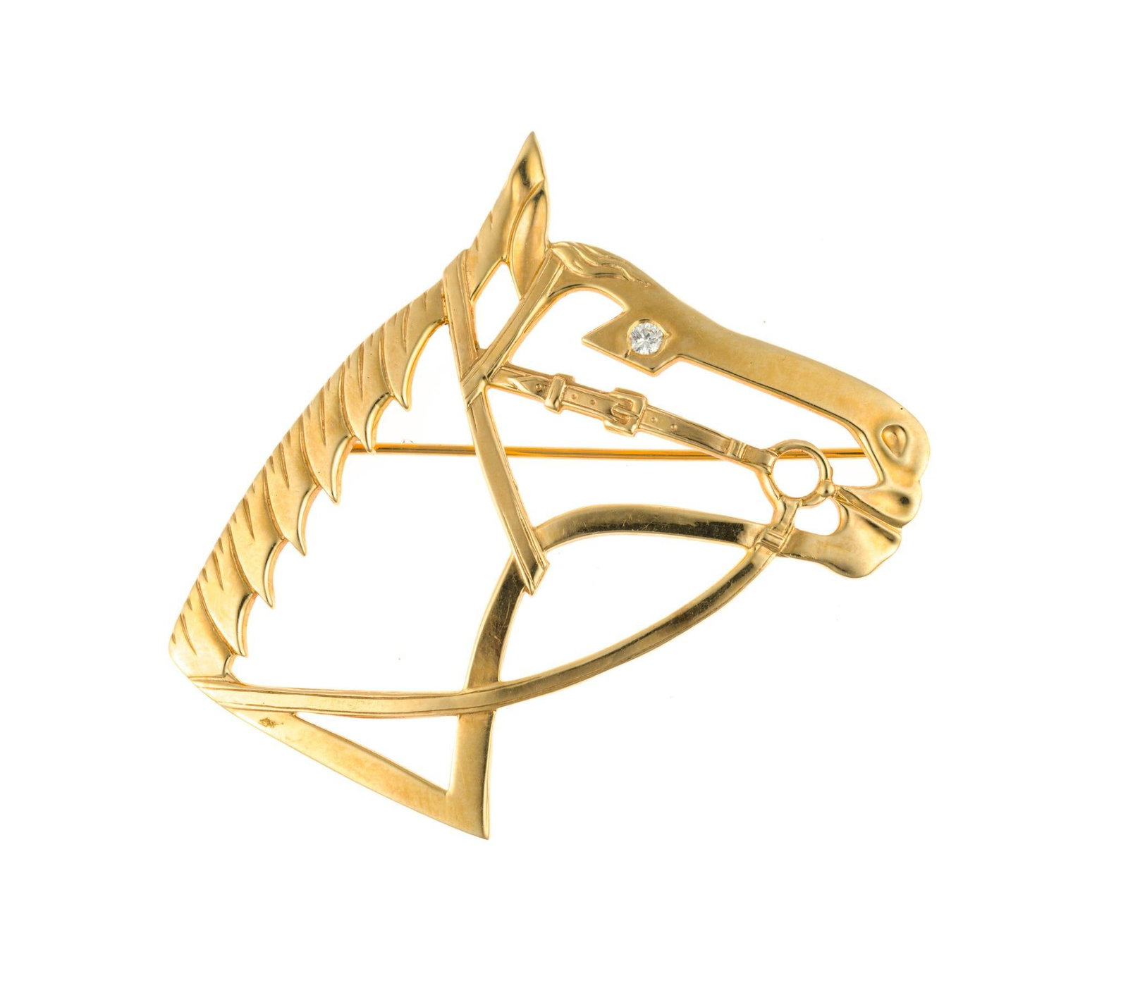 14K Gold Equestrian Horse Brooch: A yellow gold vintage horse brooch with a diamond accent for the eye. The length is 2 1/4". It is marked 14k and weighs 10.4 grams.