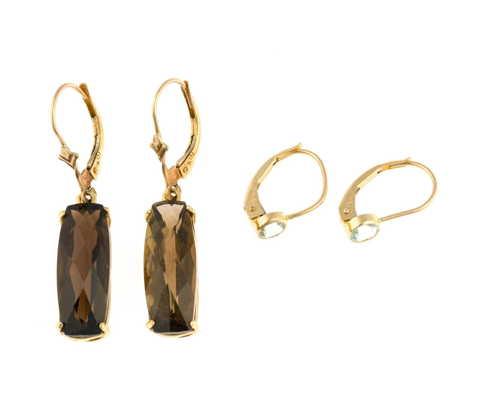 2 Pairs of 14K Gold Earrings: One pair has smoky quartz dangles and the second are aquamarine studs. Both are yellow gold marked 14k and are for pierced ears. The total weight is 4.4 grams.