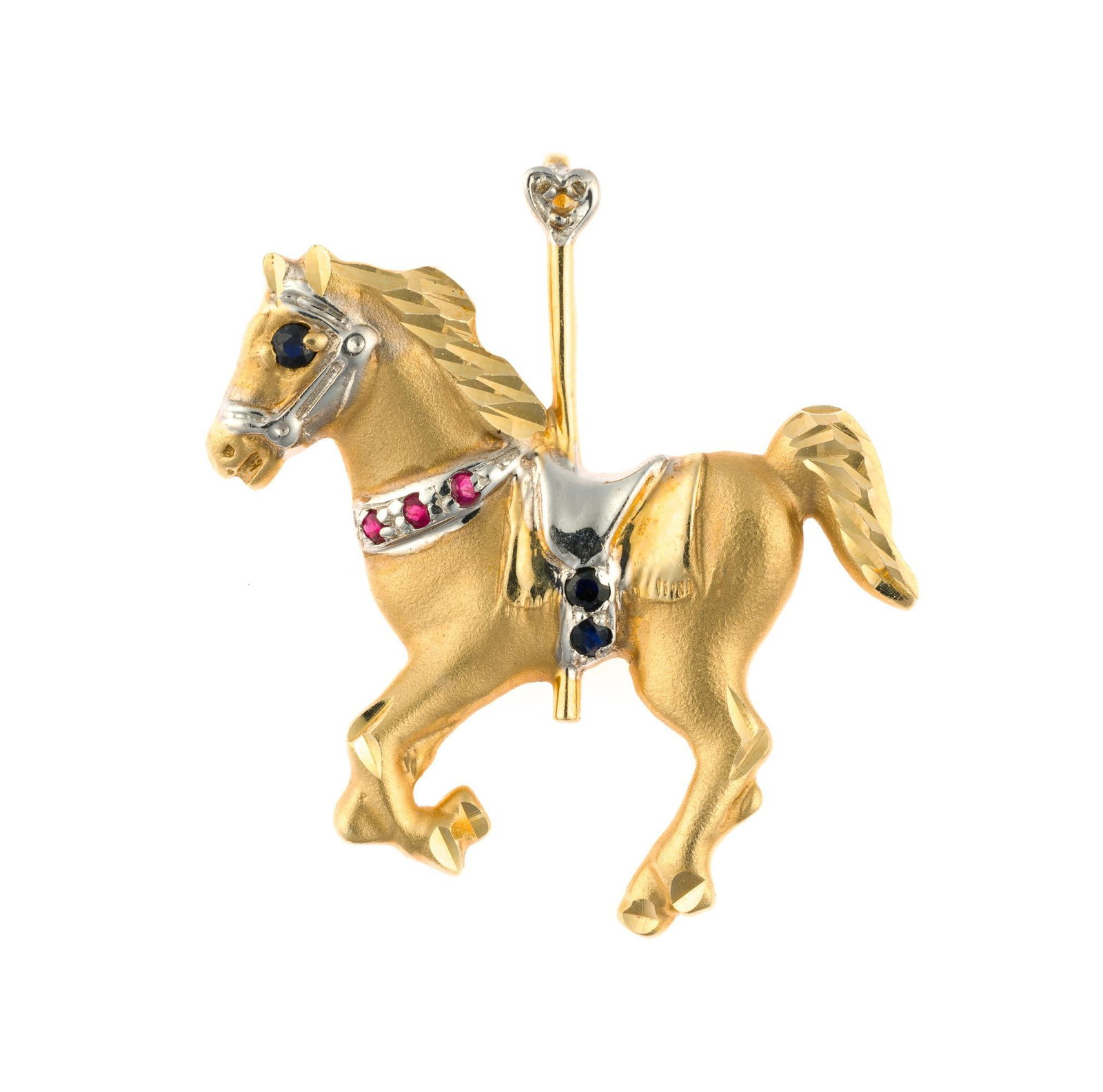 14K Gold and Gemstone Carousel Horse Brooch: A vintage yellow and white gold carousel horse brooch with gemstones. The length is 1" and weight is 4.0 grams. The gemstone at the top of the pole is missing. It is marked 14k.