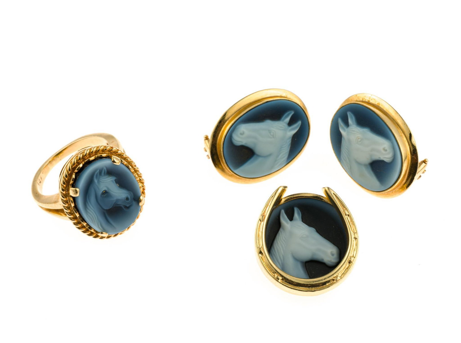 14K Gold and Blue Agate Cameo Equestrian Jewelry Set: A pair of cameo earrings for pierced ears, a matching brooch with horse shoe frame, and similar ring, size 5. All have cameo horse portraits. The earrings and pin are both 7/8" length. The total weigh