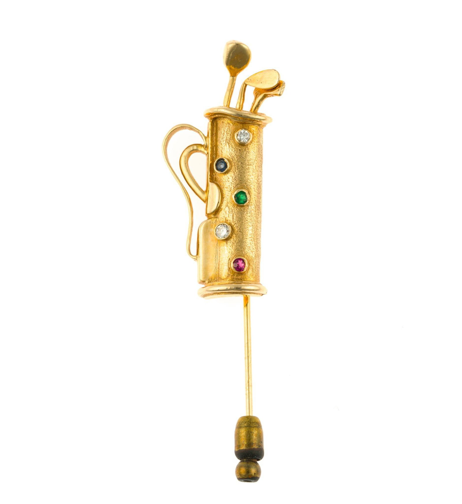 14K Gold Golf Clubs Stick Pin: A 1 1/2" brooch that is a golf bag with clubs and enhanced with small gemstones. The weight is 7.0 grams not including the pin back.