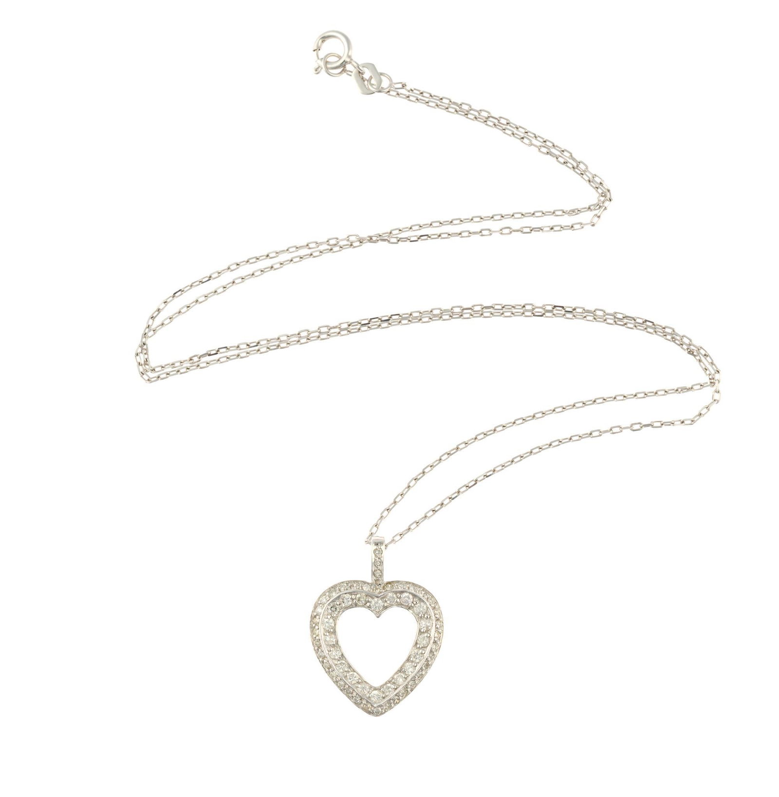 14K White Gold and Diamond Pendant Necklace: An 18" white gold chain necklace with a 3/4" length heart pendant with diamond pave. The piece is marked 14k to the chain and pendant and weighs 2.3 grams. 