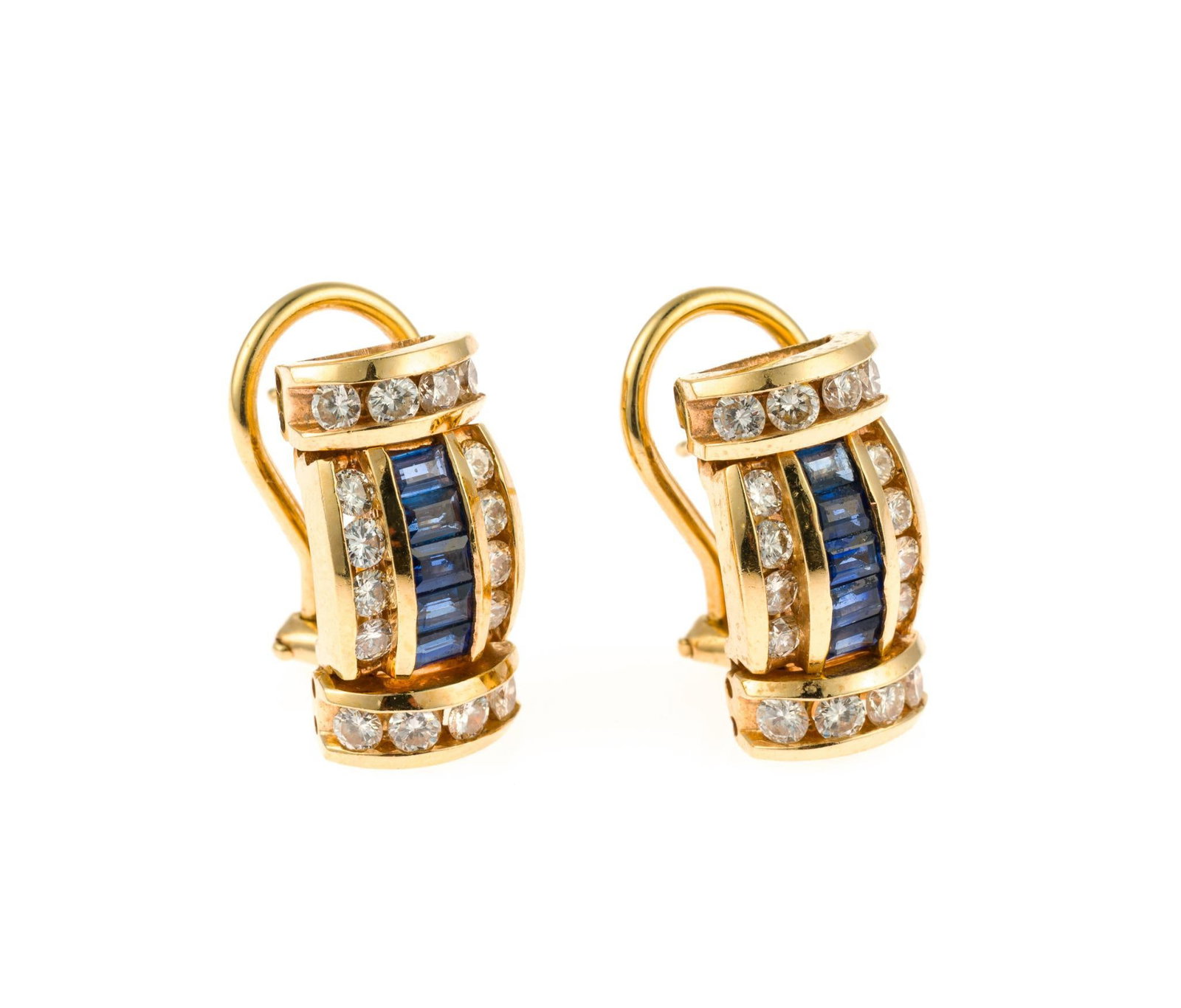 14K Gold, Diamond, and Sapphire Earrings: Each with 12 channel set diamonds and five sapphires. The earrings are for pierced ears and have omega backs. The length of the earrings is a little over 5/8", and the earrings weigh 9.9 grams. 