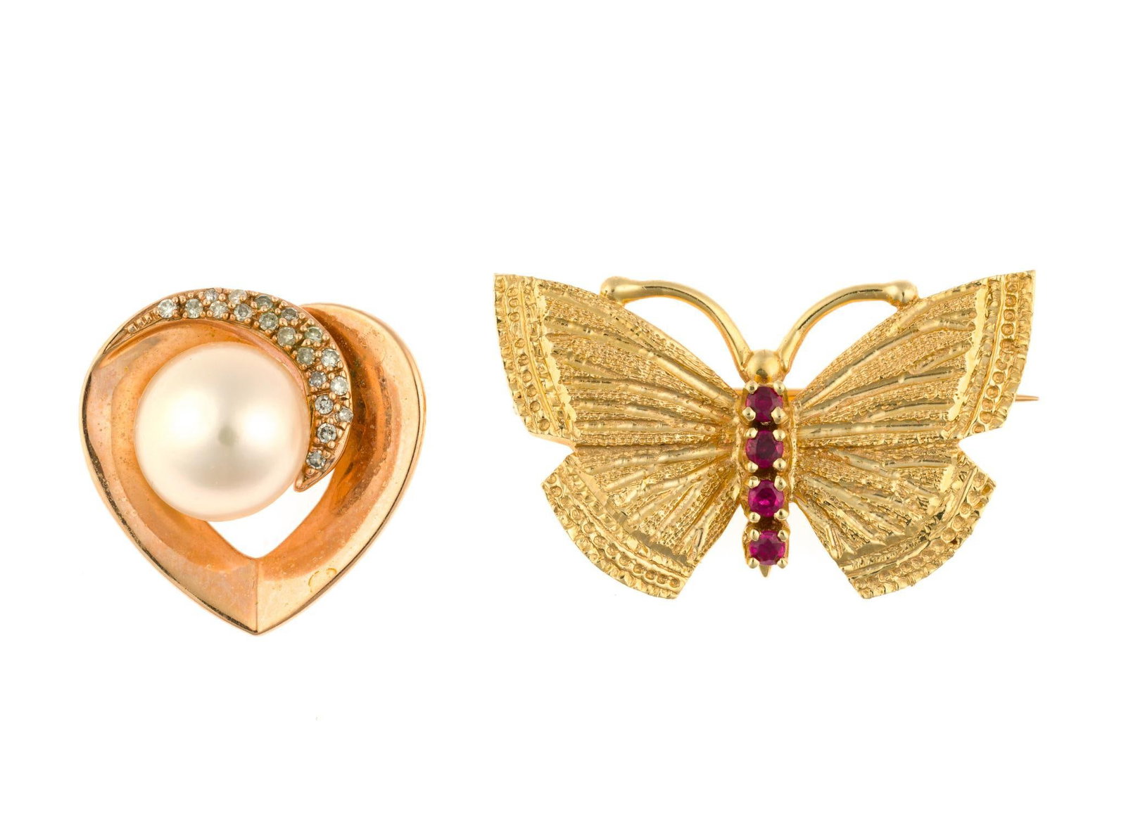 14K Gold Heart Pendant and Butterfly Brooch: Yellow gold butterfly with rubies and the second a heart shaped pendant with a pearl and small diamonds. The butterfly is 1 3/16" wide. The total weight is 9.1 grams