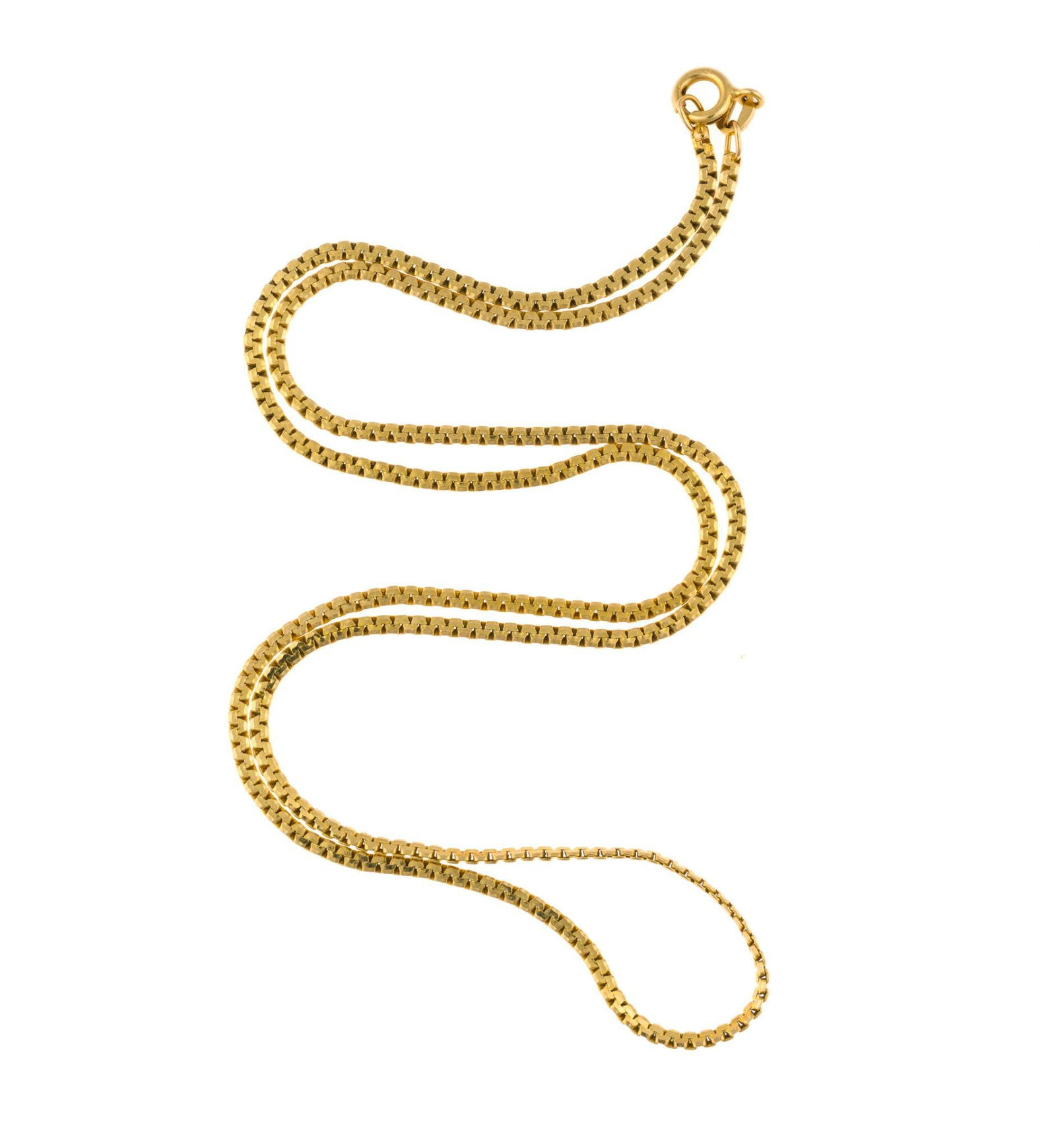14K Gold Chain Necklace: A 19 1/2" yellow gold box chain necklace. It has no signs of wear or damage. Total weight is 6.1 grams. 