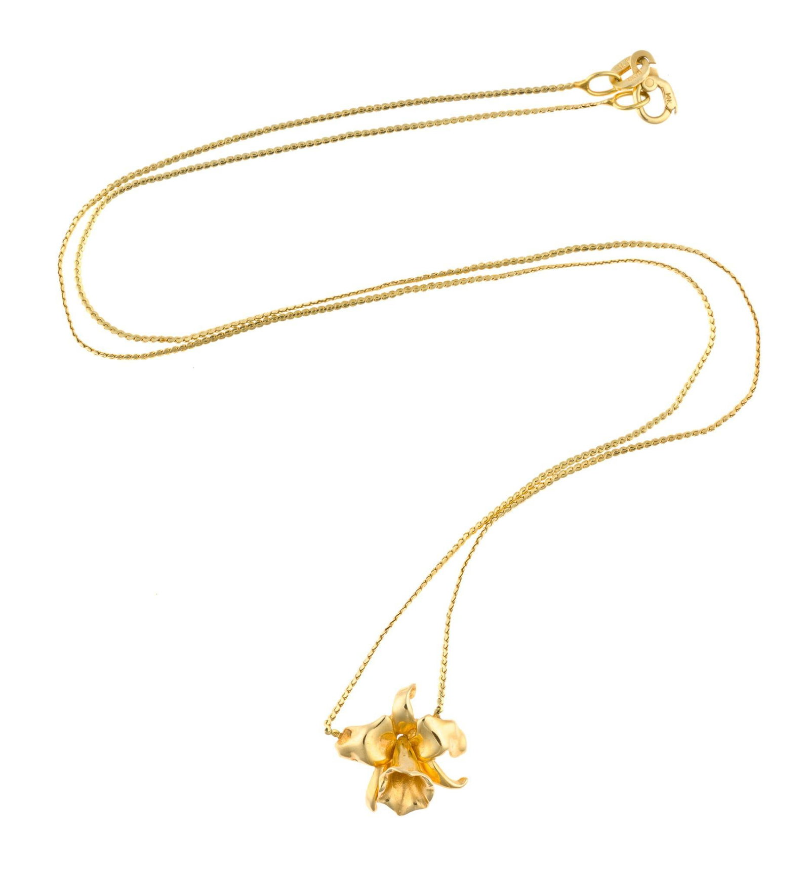 14K Gold Orchid Flower Pendant Necklace: A 16 1/2" yellow gold chain with a gold flower pendant. The total weight is 2.3 grams. The chain and pendant are marked 14k.