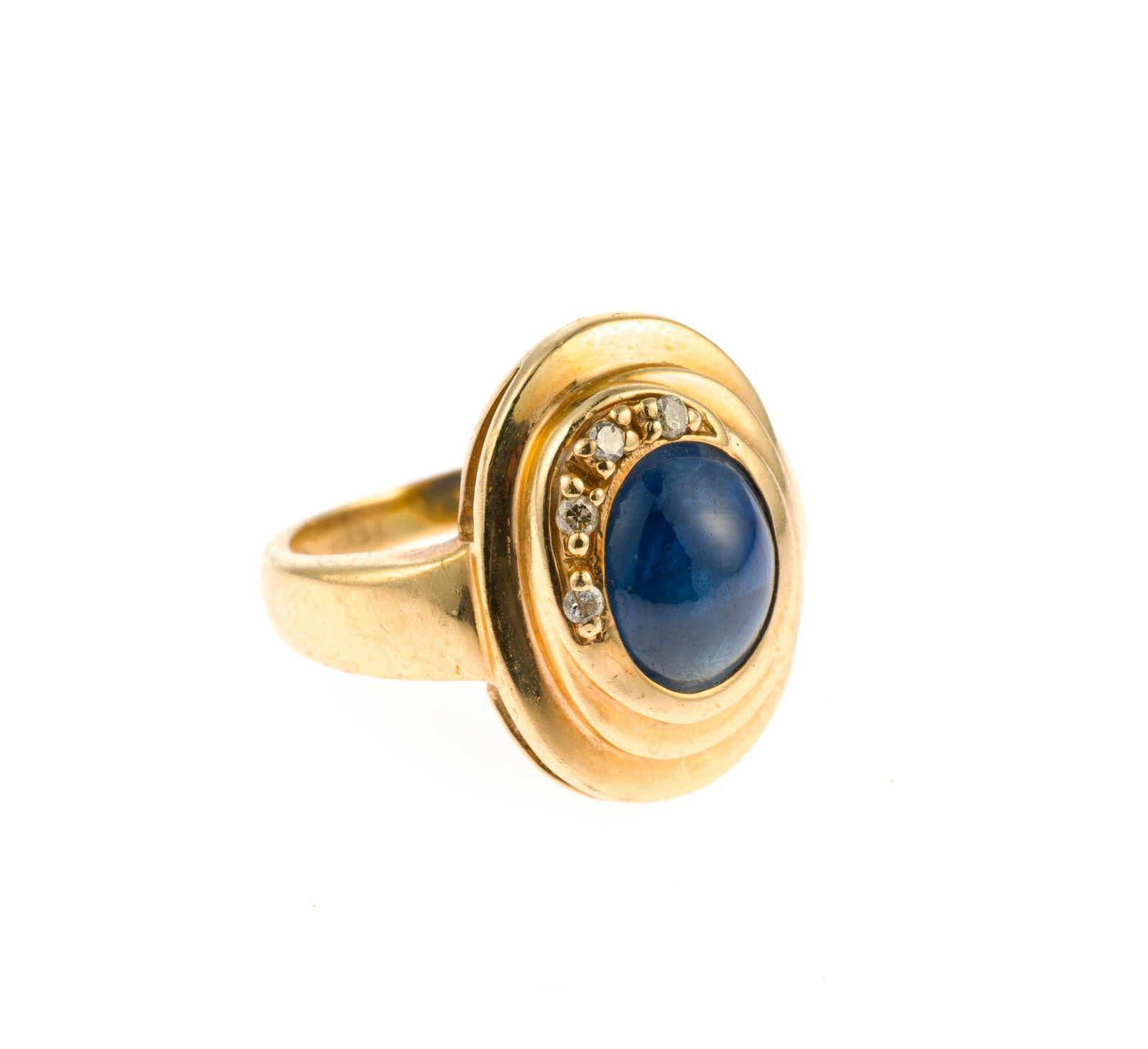 LeVian 14K Gold, Blue Star Sapphire, and Diamond Ring: A size five vintage ring with a cabochon sapphire accented by small diamonds. The ring tests 14k and is marked Le Vian but the 14k marking was possibly removed during a resizing. It weighs 5.4 gr