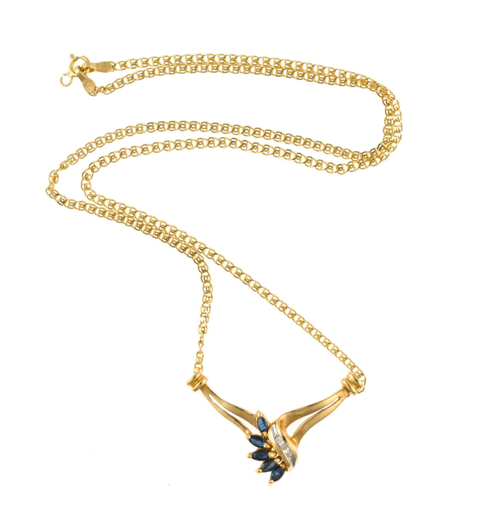 14K Gold, Sapphire, and Diamond Pendant Necklace: An 18" yellow gold chain necklace with a pendant in yellow gold with sapphires and small diamonds. The necklace weighs 4.5 grams.