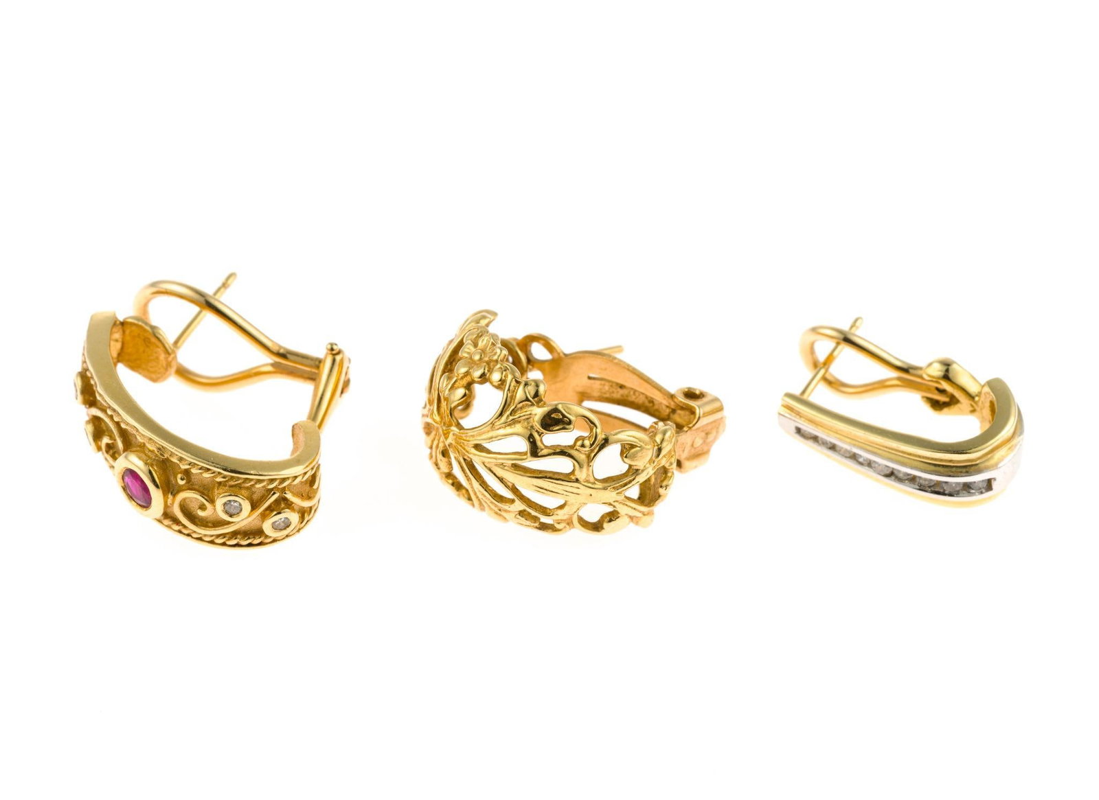 Three Single 14K Gold Earrings: All are yellow gold for pierced ears and have omega backs. The largest is 7/8". Total weight is 11.1 grams. They are marked 14k, one with ruby and diamond and one with channel set diamonds. 