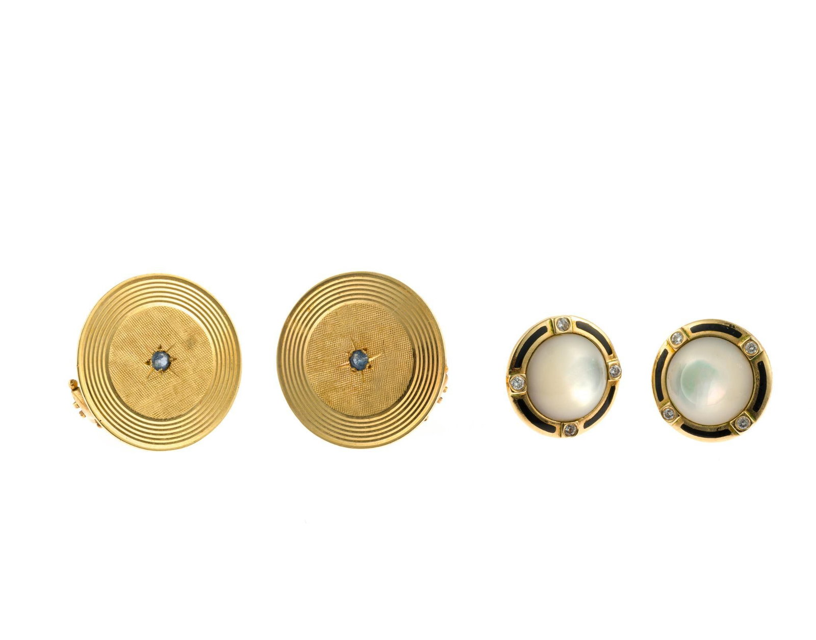 2 Pairs of 14K Gold Earrings: Two pairs of yellow gold earrings for pierced ears. One butterfly backs and one omega backs. They have enhancements including sapphire, pearl, diamond, and enamel, and both pairs are marked 14k and on