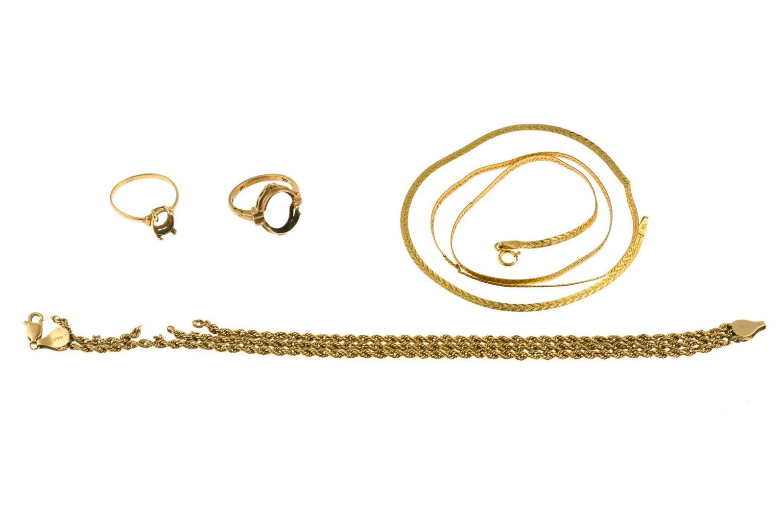 14K and 10K Scrap Gold Jewelry: Three pieces marked 14k with weight of 7.6 grams and a bracelet marked 10k with weight of 4.1 grams. The 14k 20" chain necklace has some twist damage. 