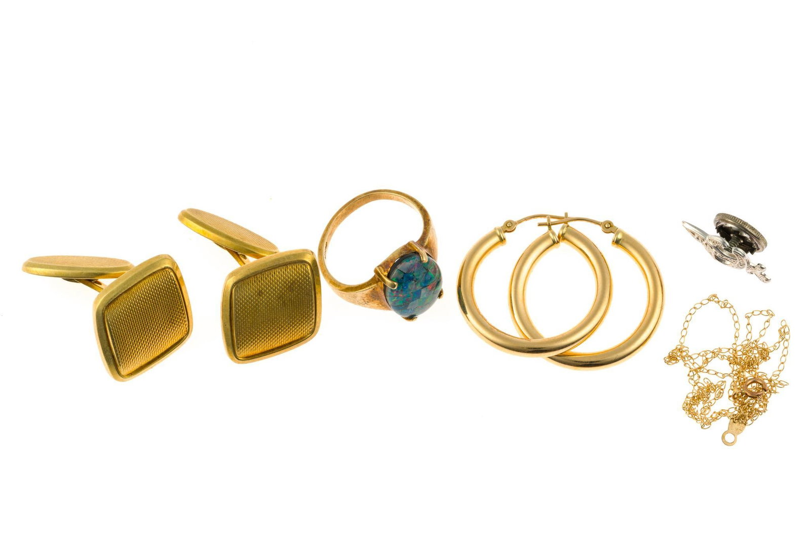10K and 14K Gold Jewelry: 14k cuff links and hoop earrings with a weight of 10.0 grams. A 10k chain necklace, ring and pin with total weight of 4.6 grams. The ring with mosaic opal is size 6.5 and the chain is 16" length.