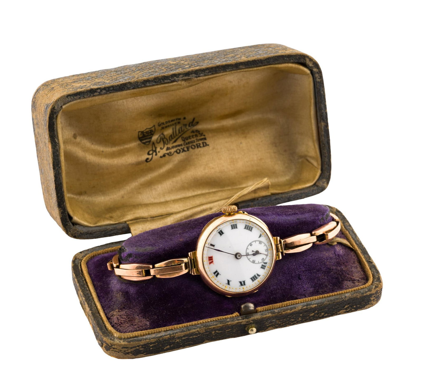 9K Rose Gold Antique Swiss Wrist Watch: The movement is signed Dreadnought which was a trade name of the Geneva, Switzerland based Record Watch company. The movement is 15 jewels. The watch was produced in approximately 1915 and has much in