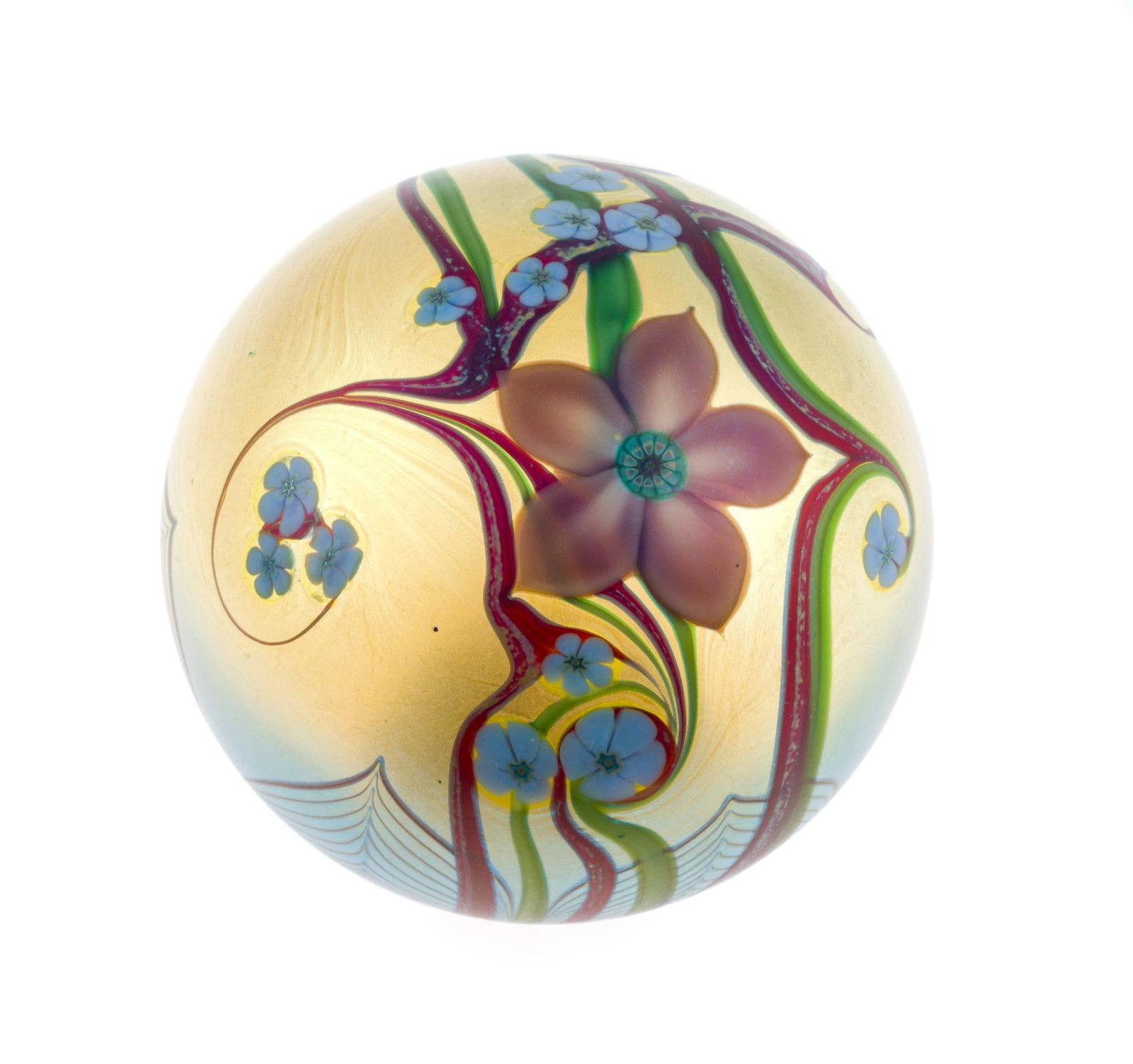 Orient & Flume Art Glass Paperweight: Gold iriscene flower and millifiori. Includes original certificate and protectice storage pouch. Approximately 3" width. Light wear as expected. 