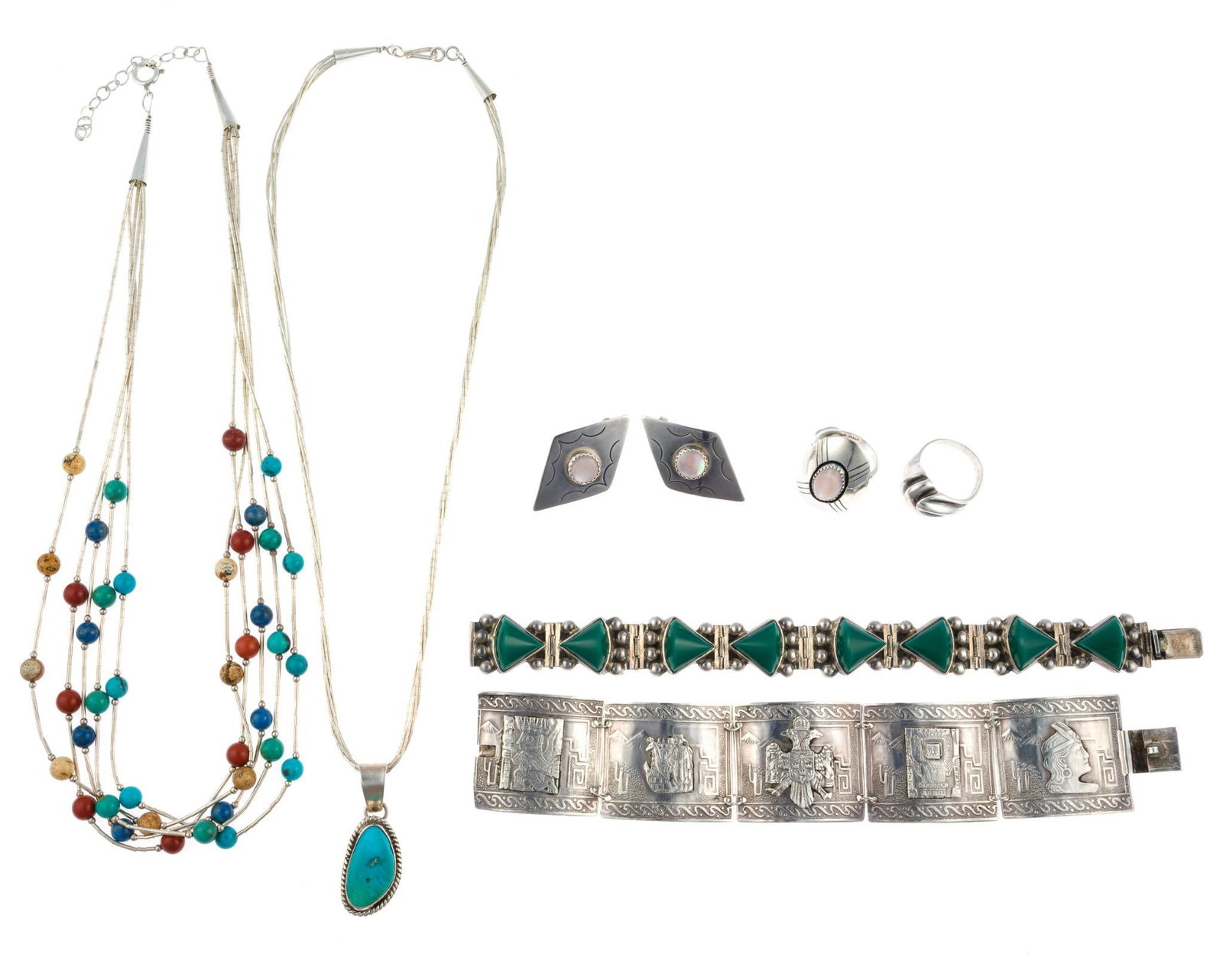 7 Sterling Silver Jewelry Incl Mexican: Mother of pearl earrings signed Sue Chm. Mother of pearl ring size 6. Sterling ring size 6-1/2. Scenic bracelet marked 925 AR, 7" length. Green onyx Mexican bracelet, 7" length. Turquoise pendant mark