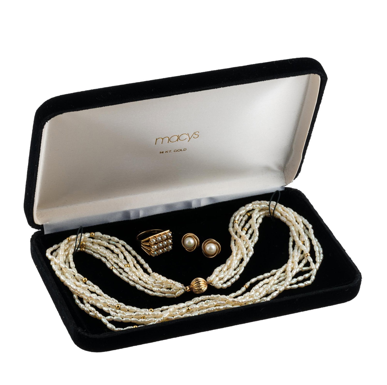 14K Gold and Pearl Necklace, Ring, and Earrings: Necklace with 14k clasp, multi strand pearls with gold beads, 19" length. Marked 14k ring set with sixteen pearls, size 7-1/2. Marked 14k gold and pearl stud earrings. 7/16" width. Earrings and ring w