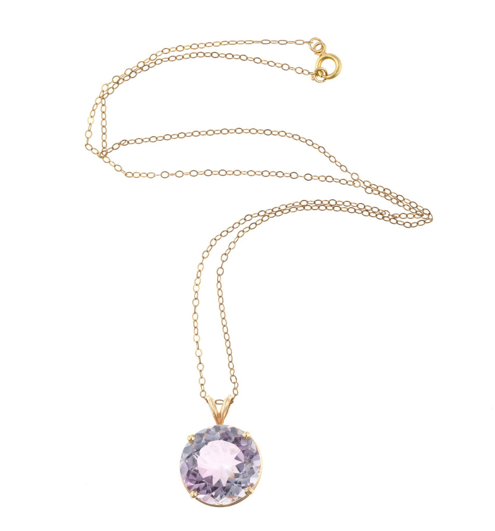 14K Gold 17.75 Ct Kunzite Pendant Necklace: Marked 14k gold 18" chain and tested 14k pendant set with approximately 17.75 carat round cut kunzite (16.5mm x 17mm x 11.1mm). Total weight 6.8 grams. 