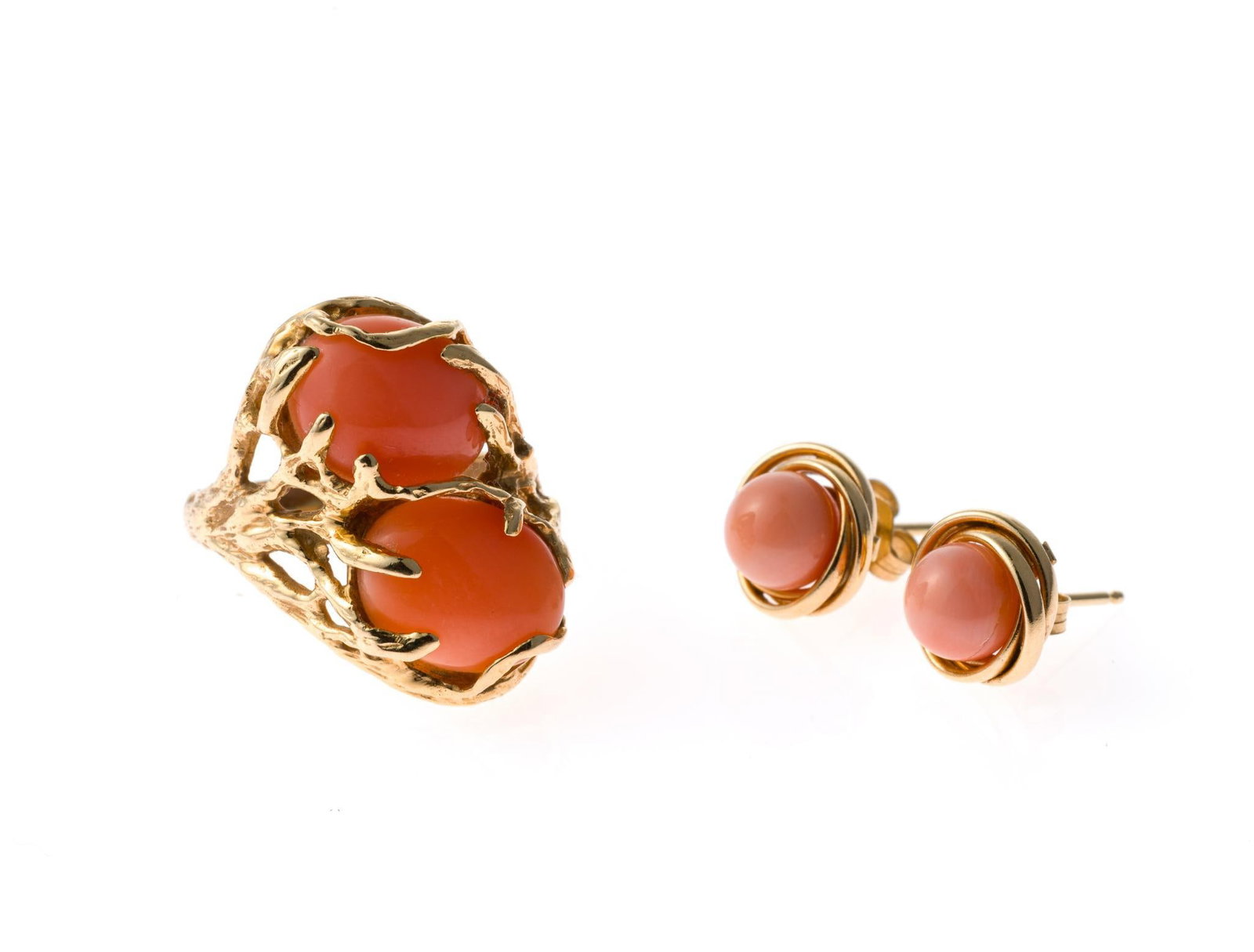 14K Gold and Coral Ring and Earrings: Marked 14k ring and stud earrings. Ring size 6. Earrings 5/16" width. Total weight 7.0 grams. 
