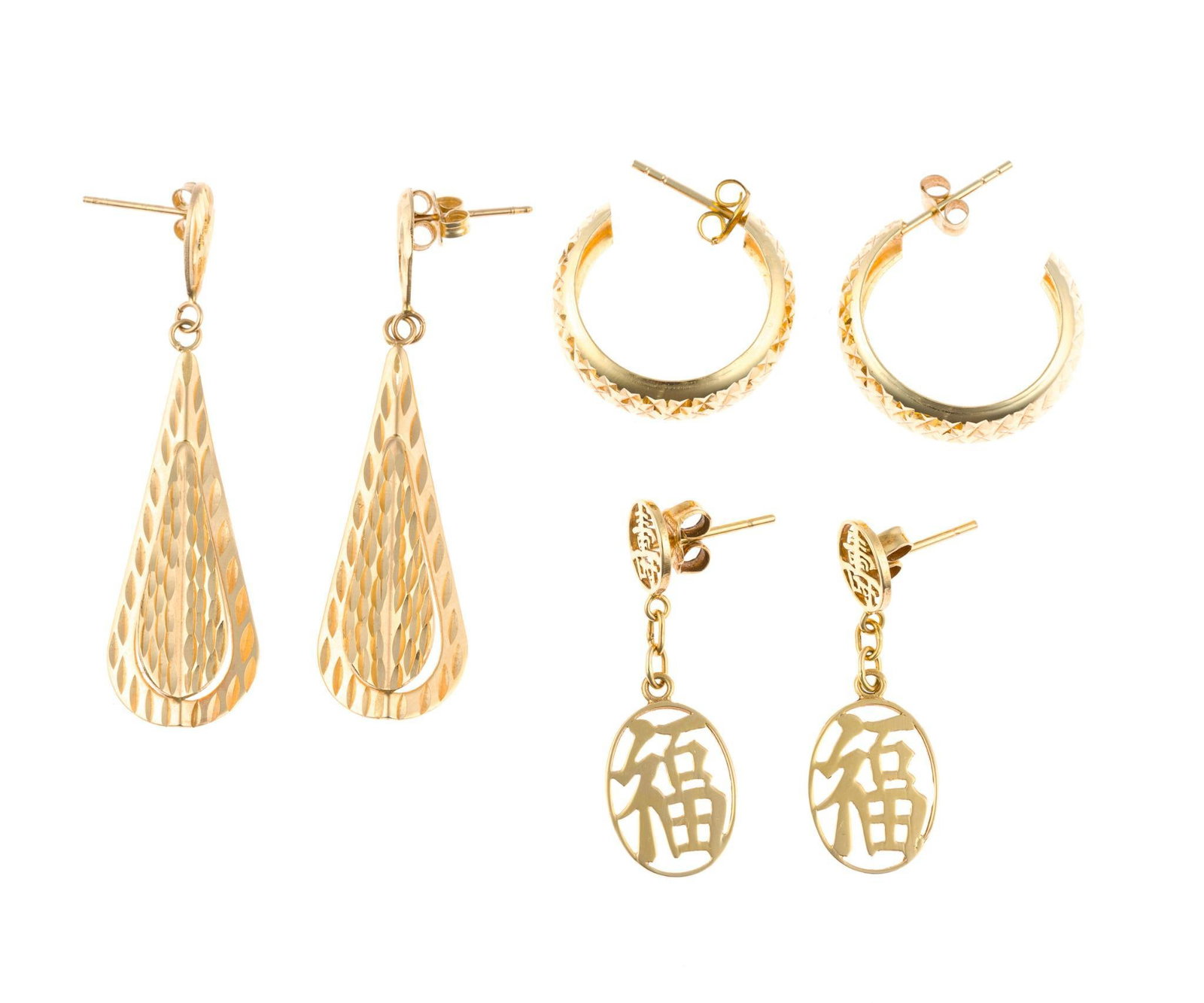 3 Pairs of 14K Gold Earrings: Hoops 3/4", drop 1-3/4", Chinese symbols for Long Life, Good Luck, 1-1/4". Total weight 7.1 grams. 