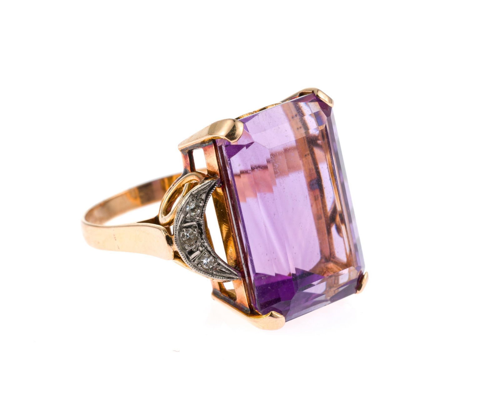 14K Gold and 10.8 Ct Amethyst Ring: Tested 14k gold setting with approximately 10.8 carat amethyst (18.8mm x 13.3mm x 9.5mm) and accent diamonds. Size 7, 8.2 grams. In original ring box with wear to hinge. 