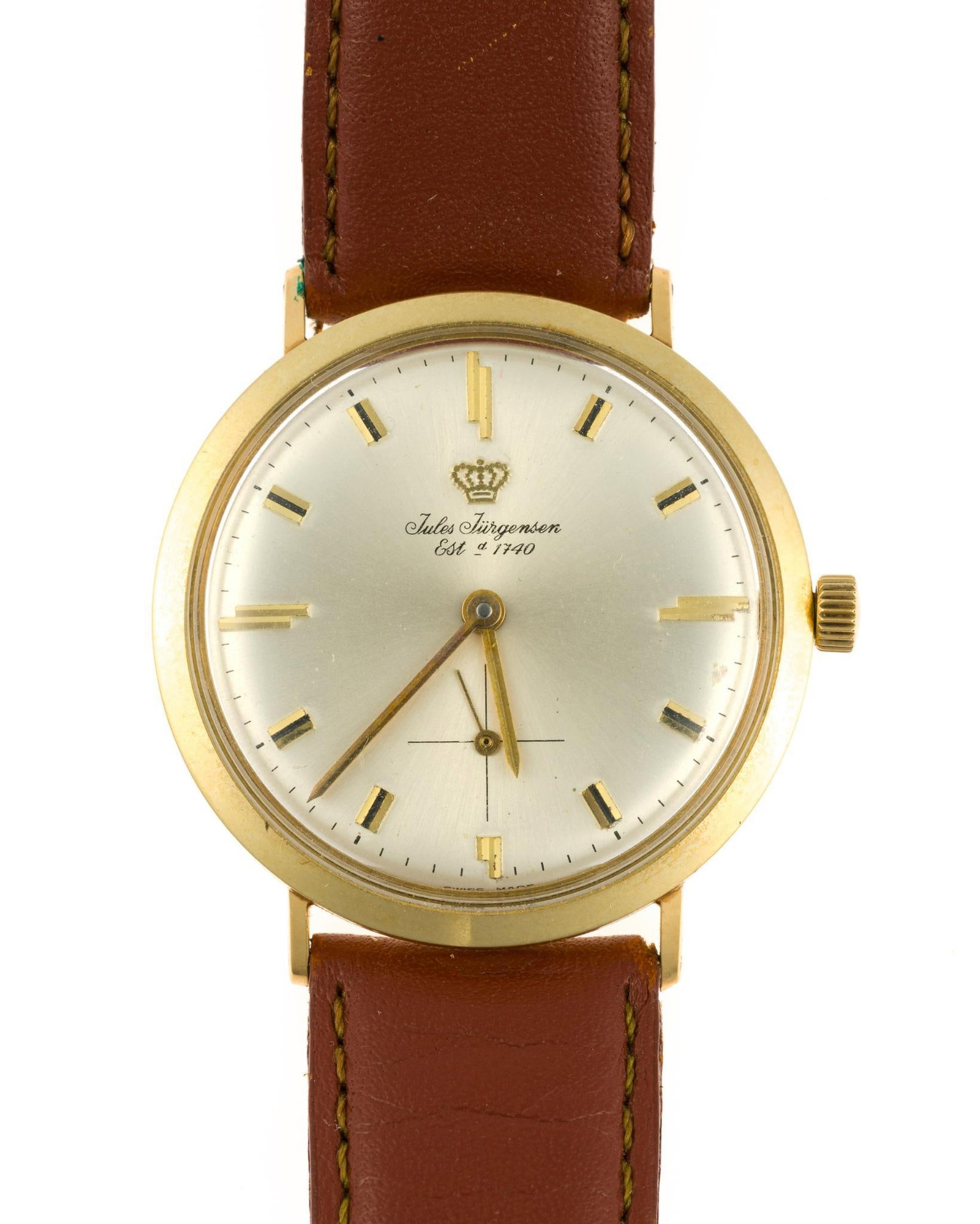 14K Gold Jules Jurgensen Wrist Watch: A 33mm yellow gold wrist watch by Jules Jurgensen. It is in good condition and it sets, winds, runs and keeps time. It has not been accuracy checked.