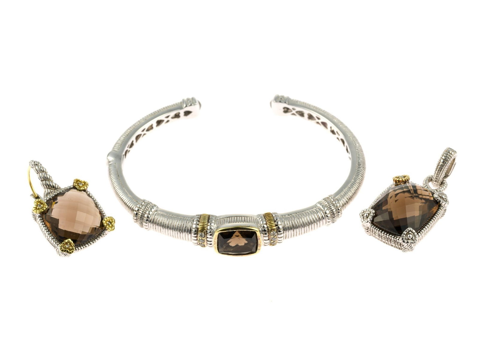 Judith Ripka 18K and Sterling Silver Bracelet and Pendants: Two pendants and a hinged bracelet all with 18k gold, sterling silver, and smoky quartz gemstones. All are marked JR TWO 18k 925. The total weight is 1.1 ozt. 