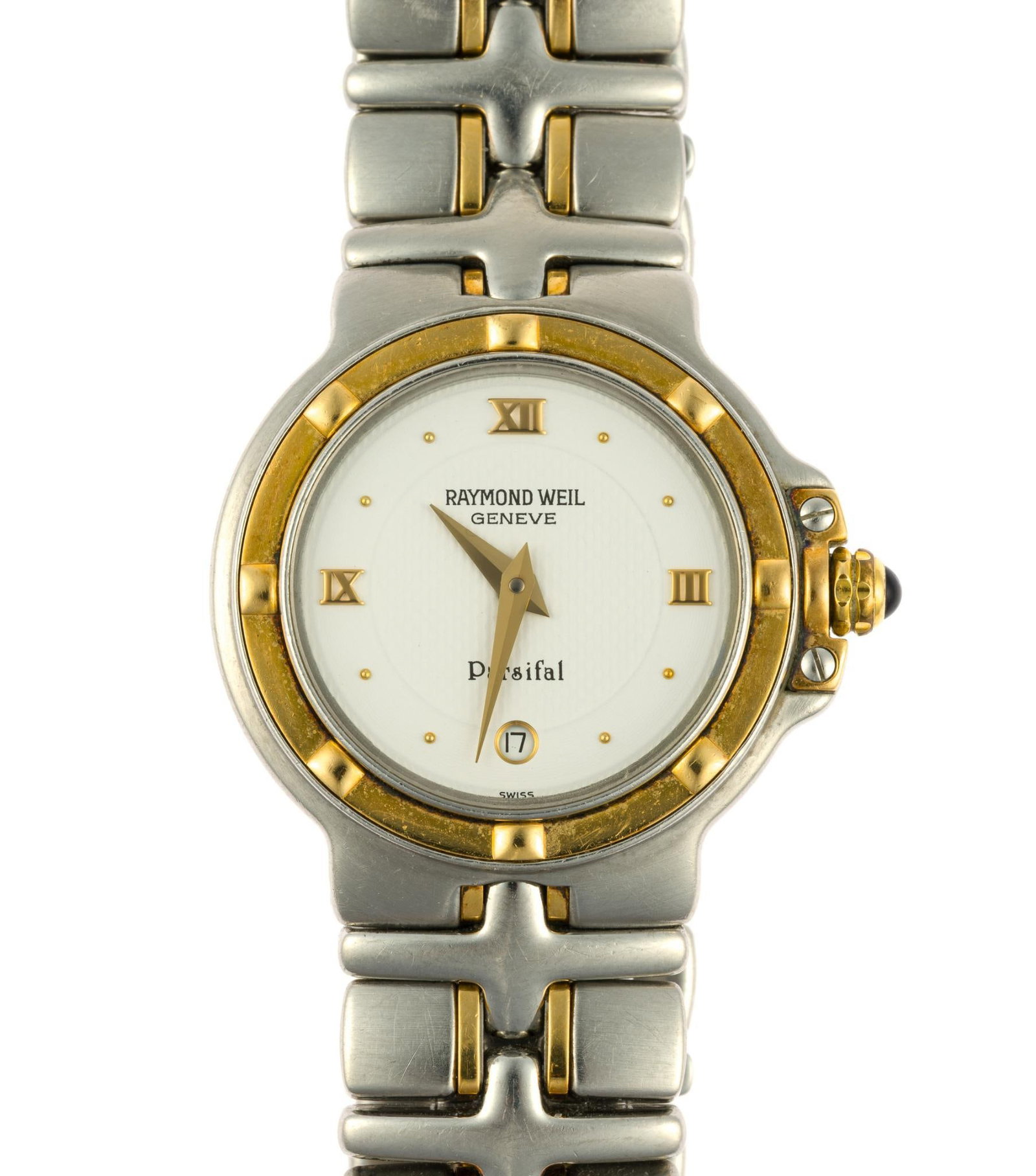 Raymond Weil Parcifal 18K Gold and Stainless Woman's Watch: The watch fits a 5 7/8" wrist and has an 18k gold bezel and kink sections. It is quartz and has a fresh battery installed and it keeps time. 